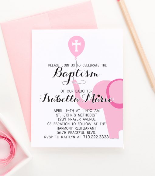 Personalized Elephant Baptism Invitations Pink 