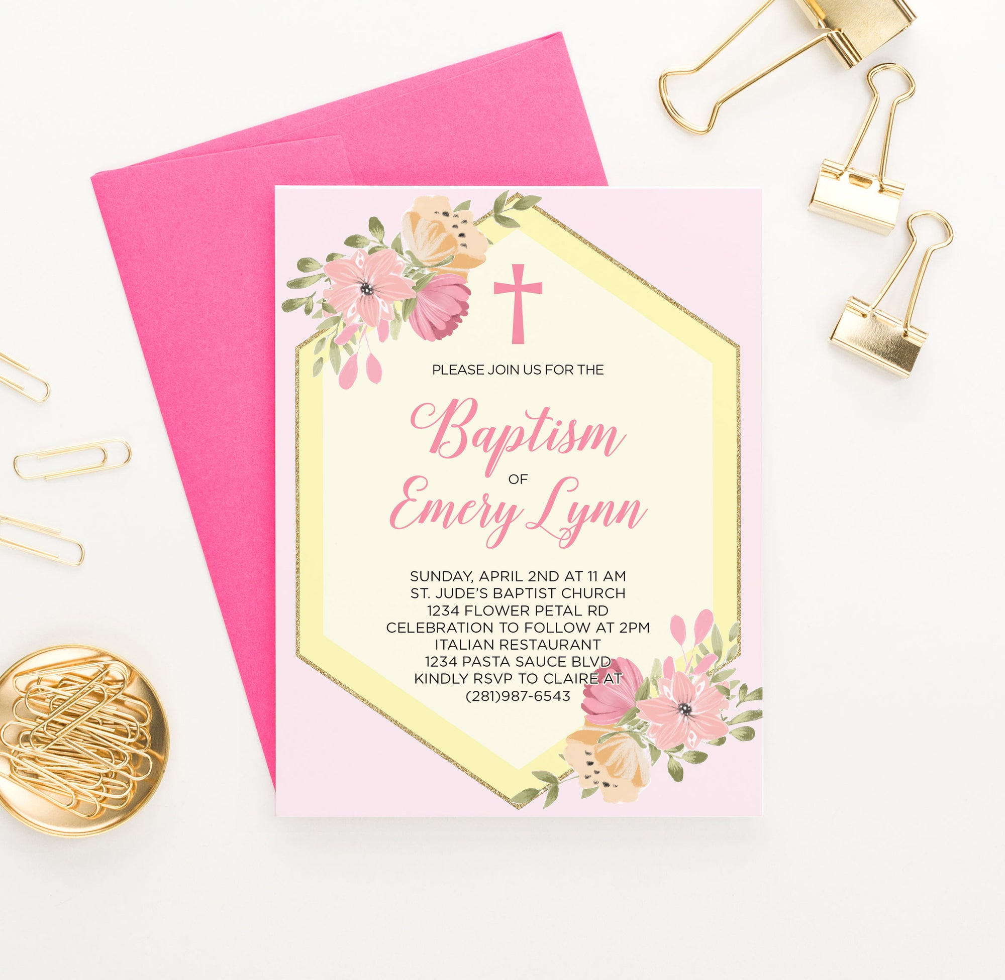 Personalized Pink And Yellow Baptism Invites With Florals