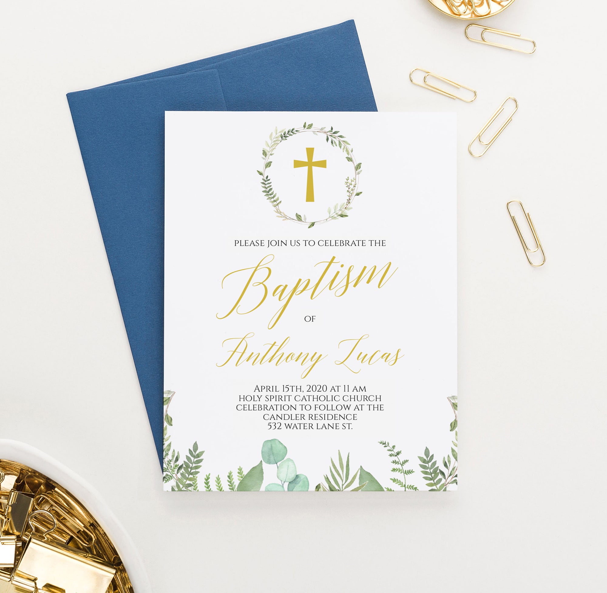Personalized Gold Baptism Invites With Greenery Wreath