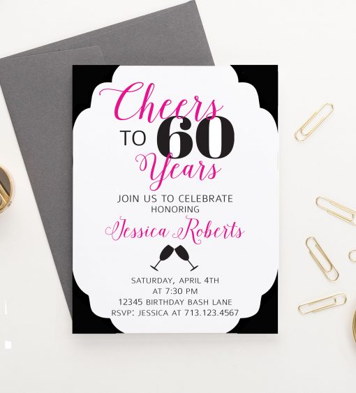 Cheers To 60th Birthday Invitations With Champagne Glasses