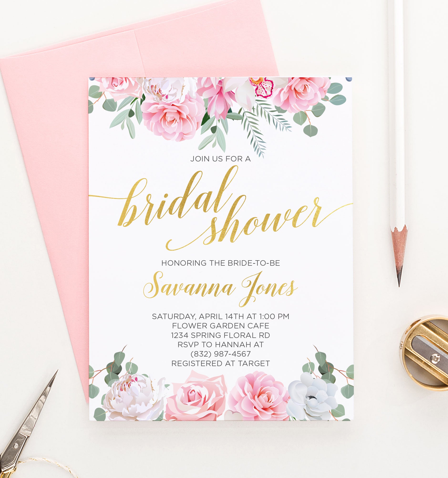 Custom Pink And White Floral Bridal Shower Invitations
