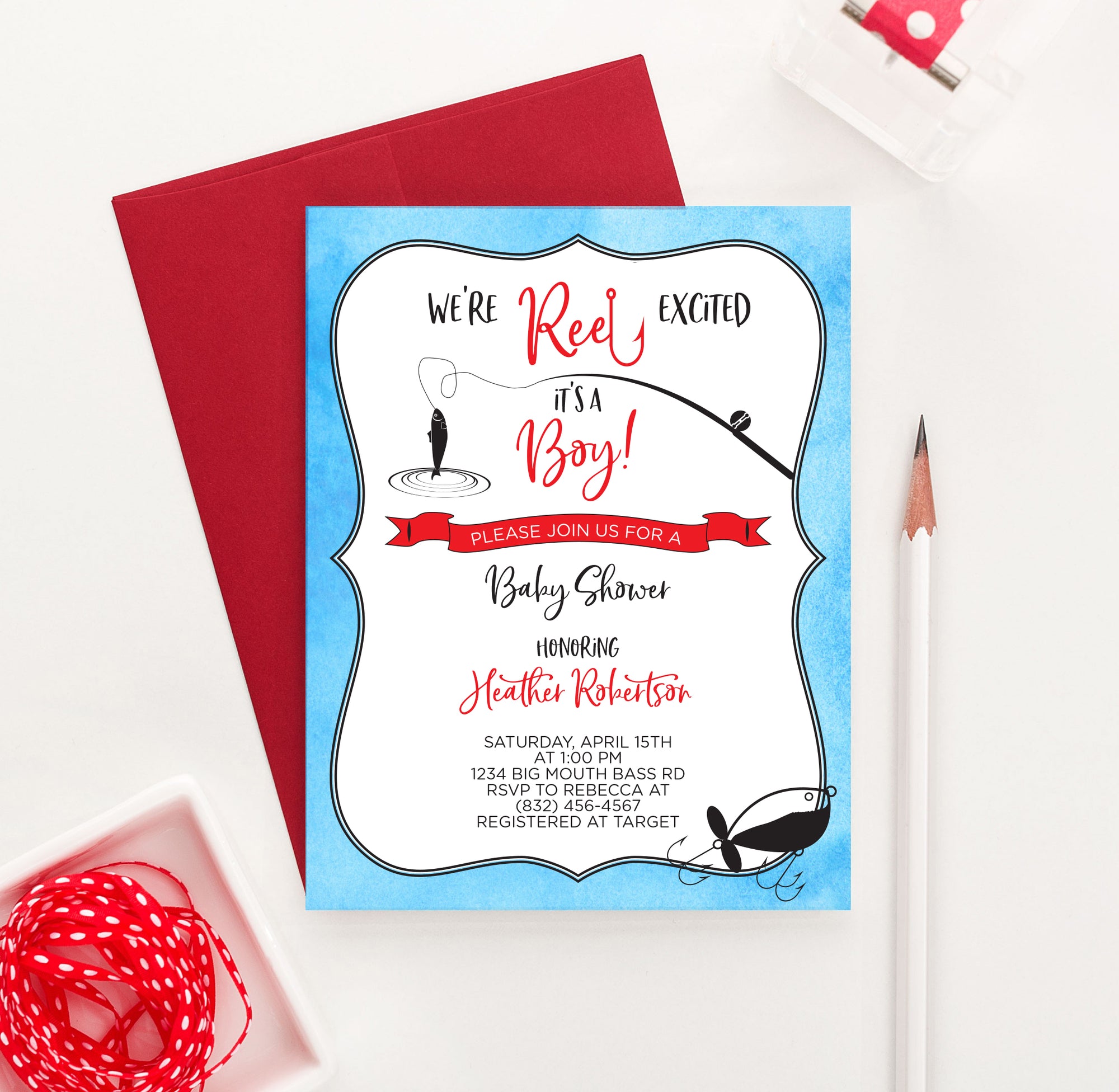 We're Reel Excited Fishing Baby Shower Invitations Personalized