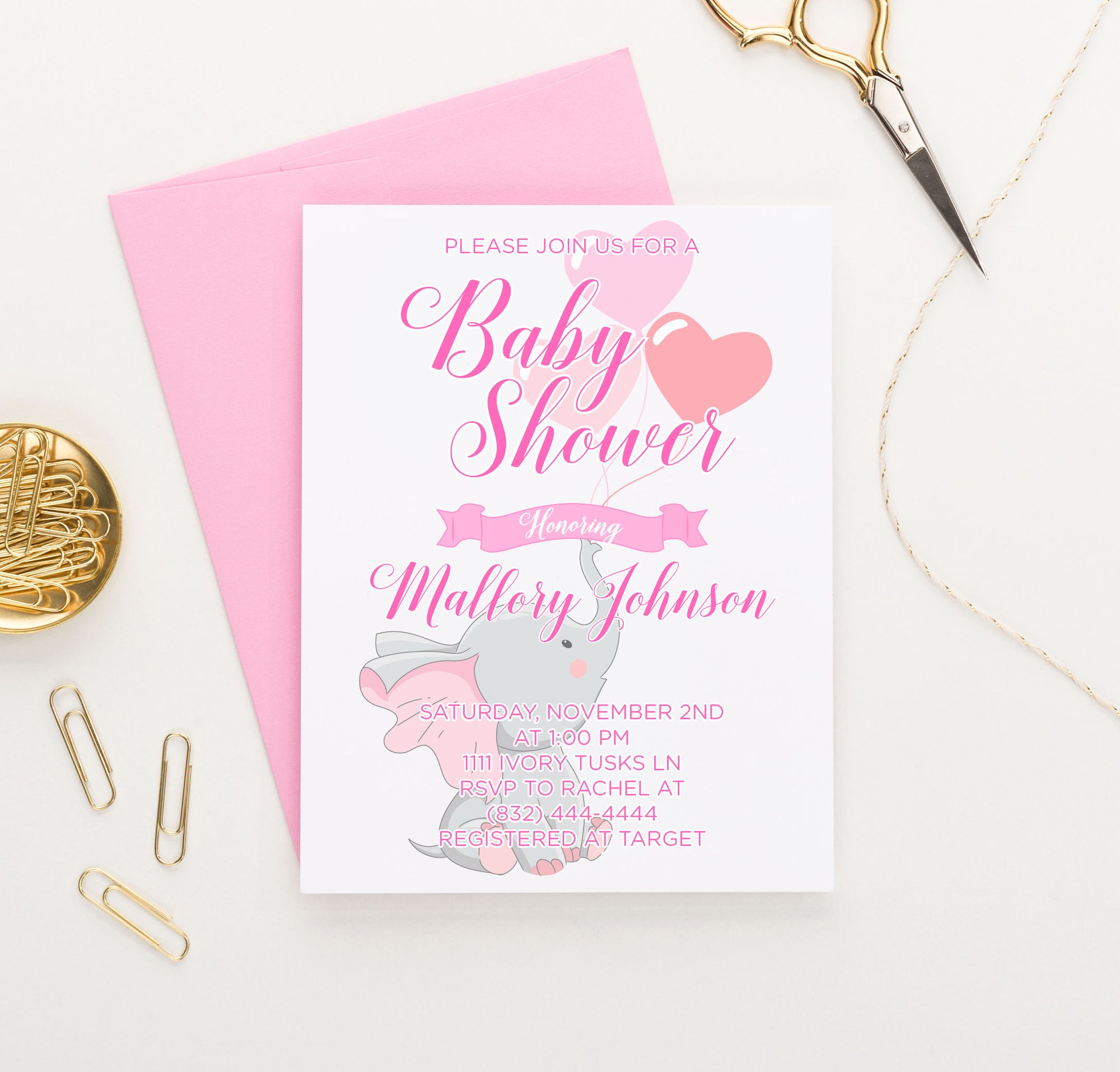 Pink Baby Shower Invitations With Baby Elephant Personalized