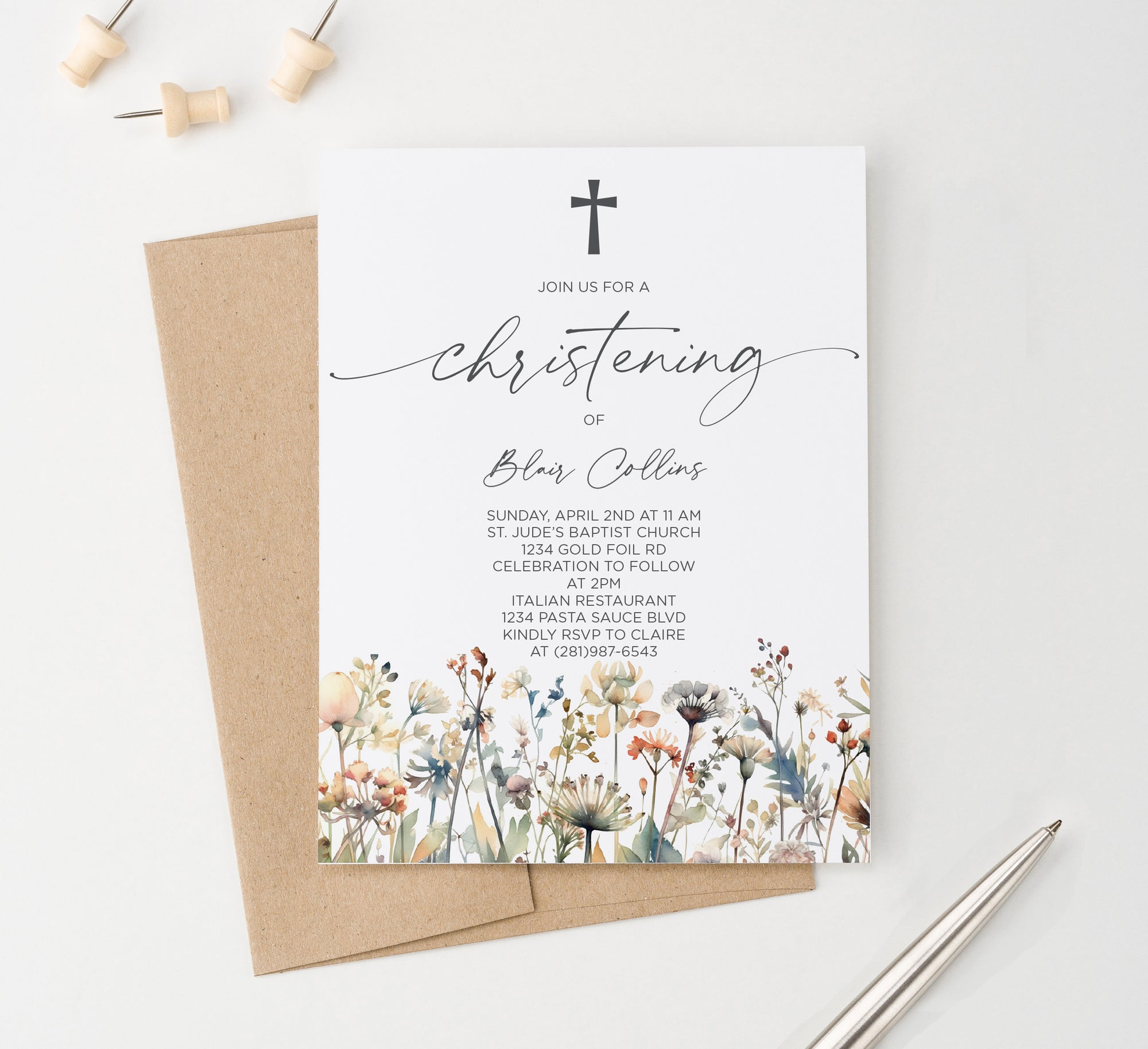 Simple Personalized Christening Invitations With Wildflowers