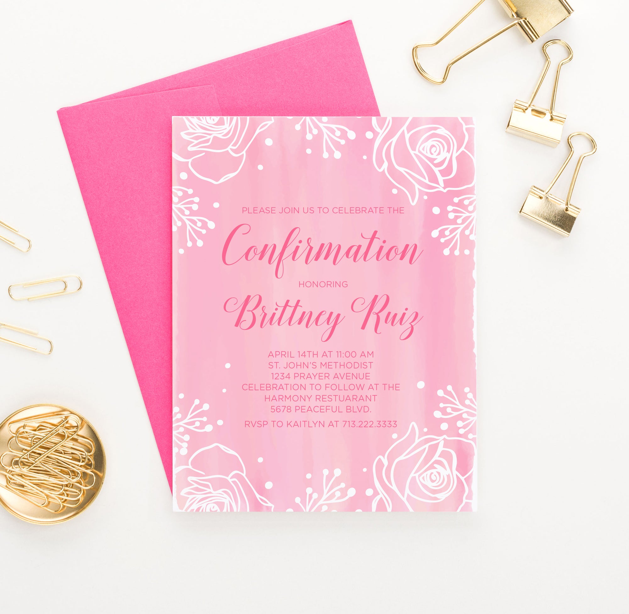 Pink Watercolor Confirmation Invite Card With Floral Frame Personalized