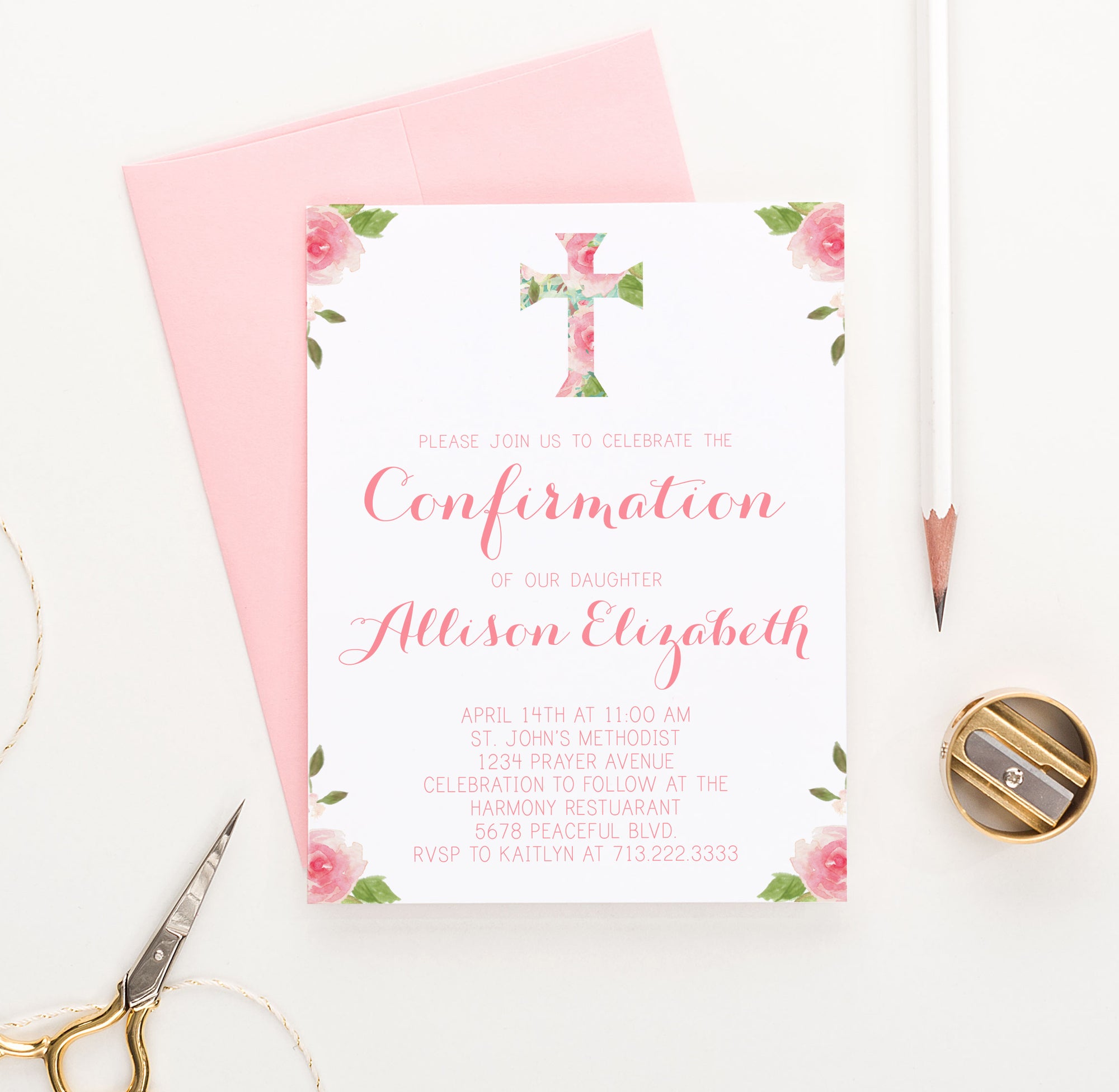 Watercolor Pink And Green Floral Confirmation Invite Card Personalized