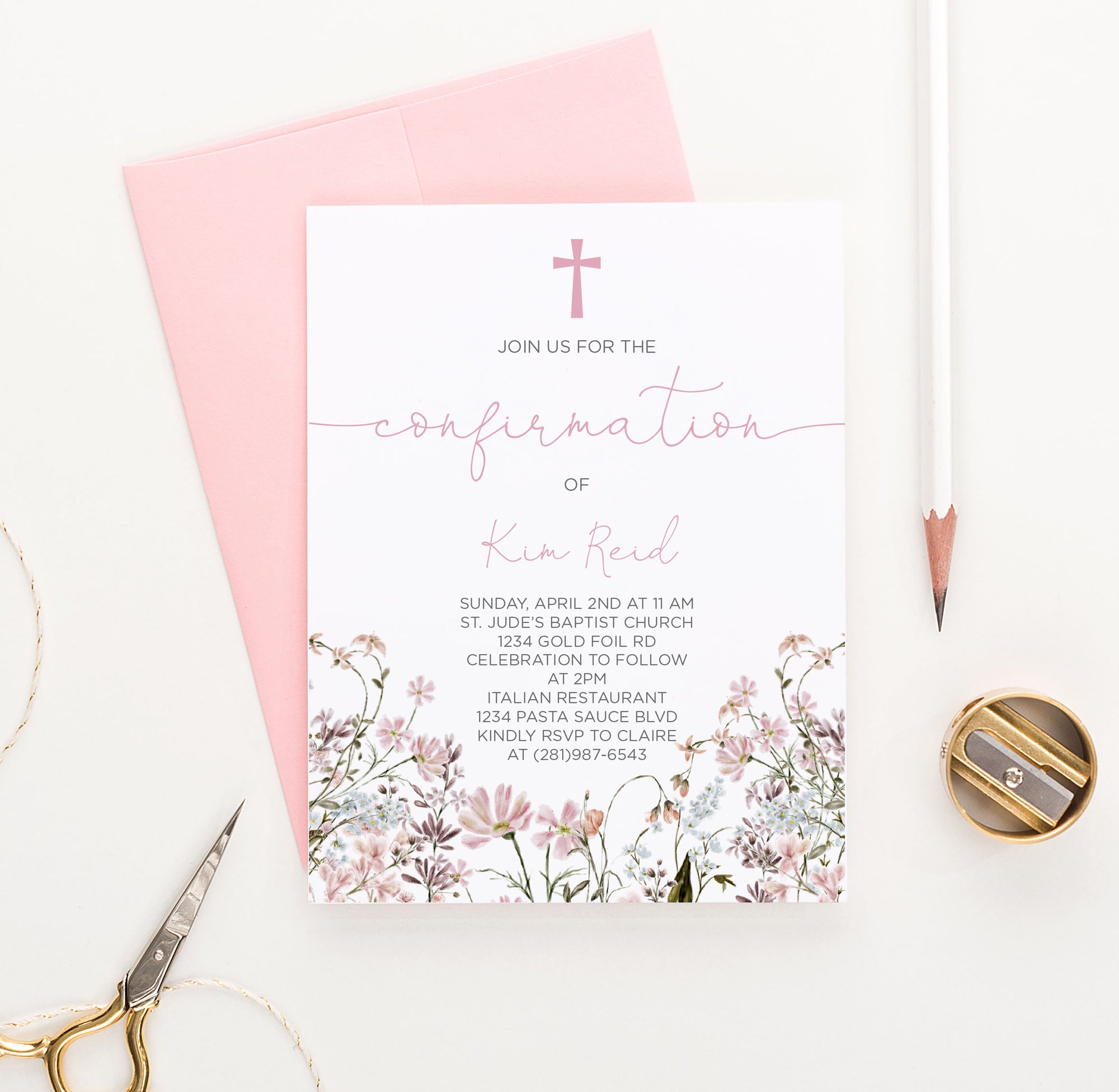 Pink Wildflower Confirmation Party Invitations