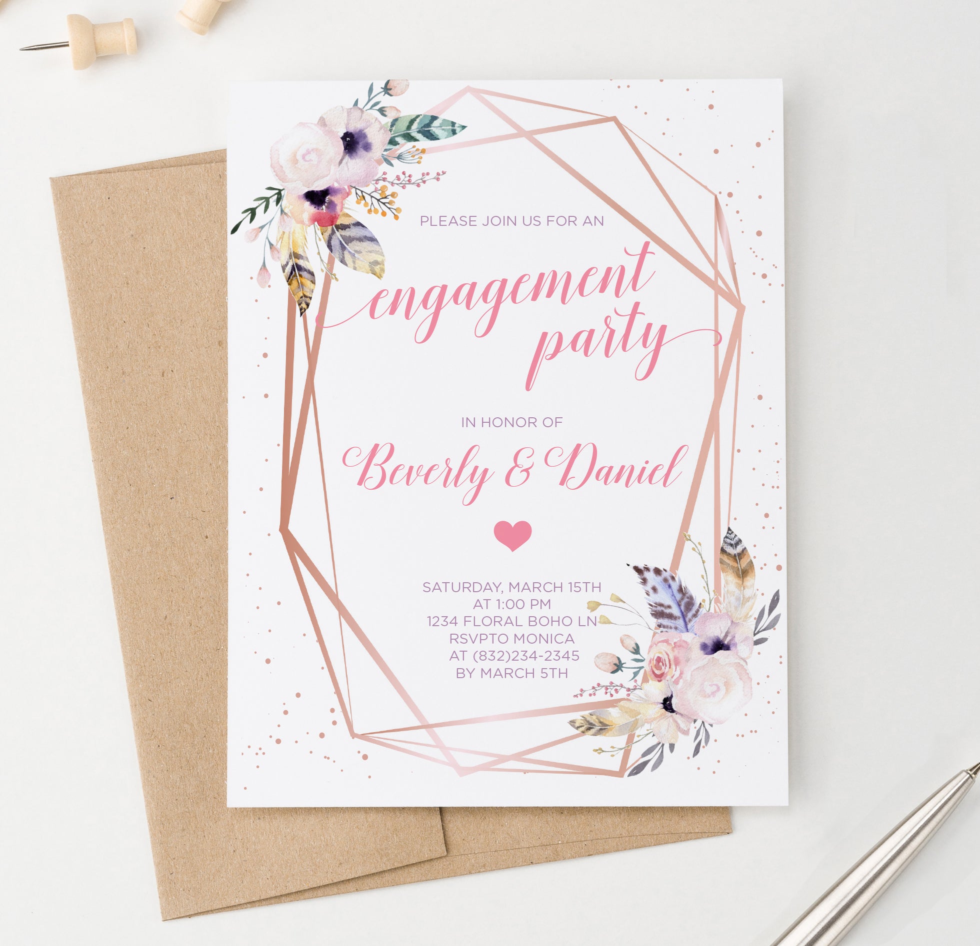 Bohemian Rose Gold Engagement Party Invitations Personalized