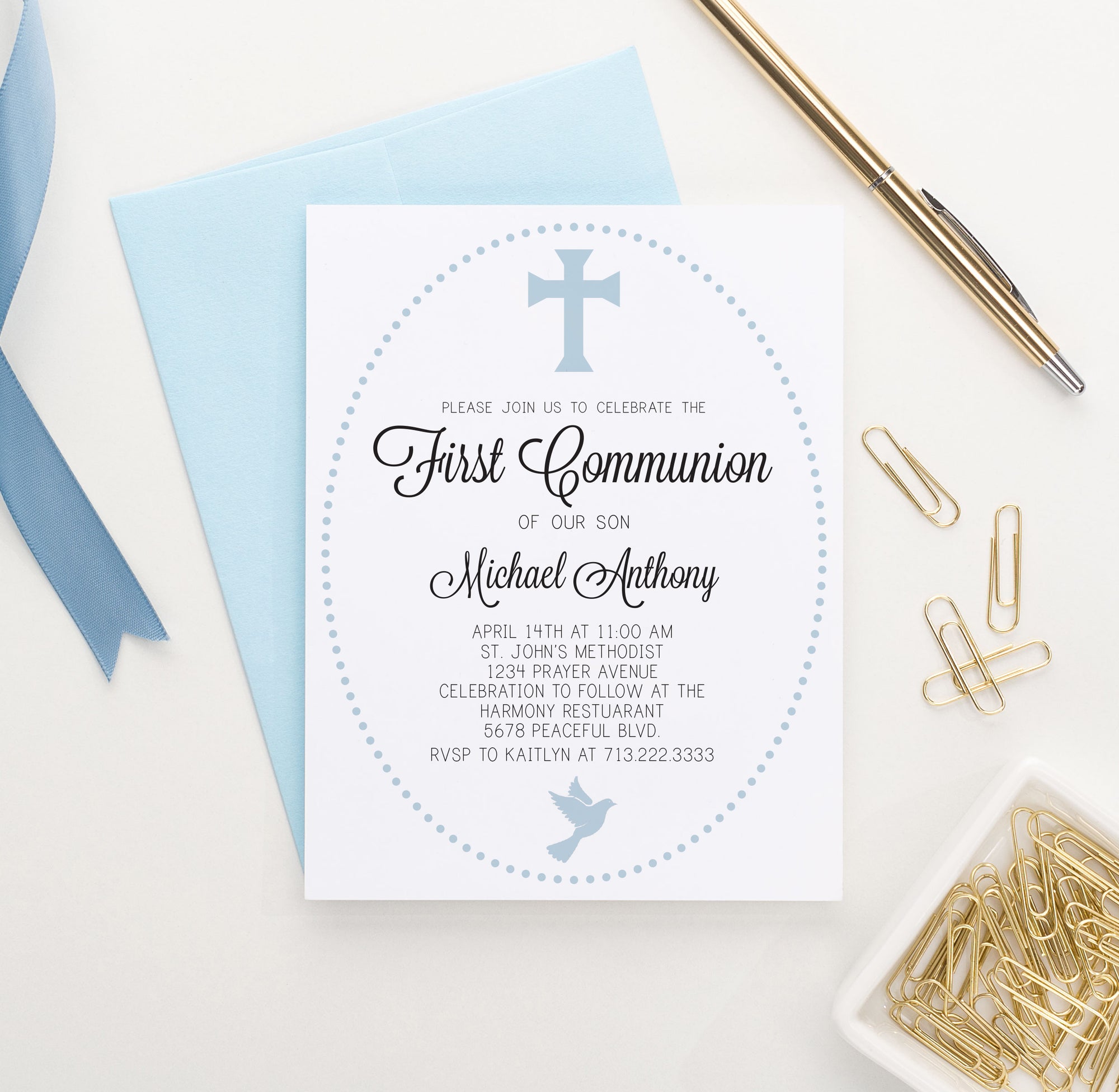Personalized Blue 1st Communion Invitations With Polkadot Frame