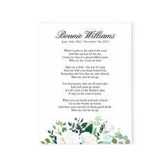 White Floral Custom Memorial Prayer Card For Funeral