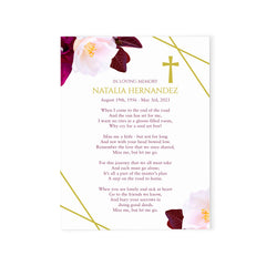 Burgundy Floral Custom Prayer Cards With Gold Border
