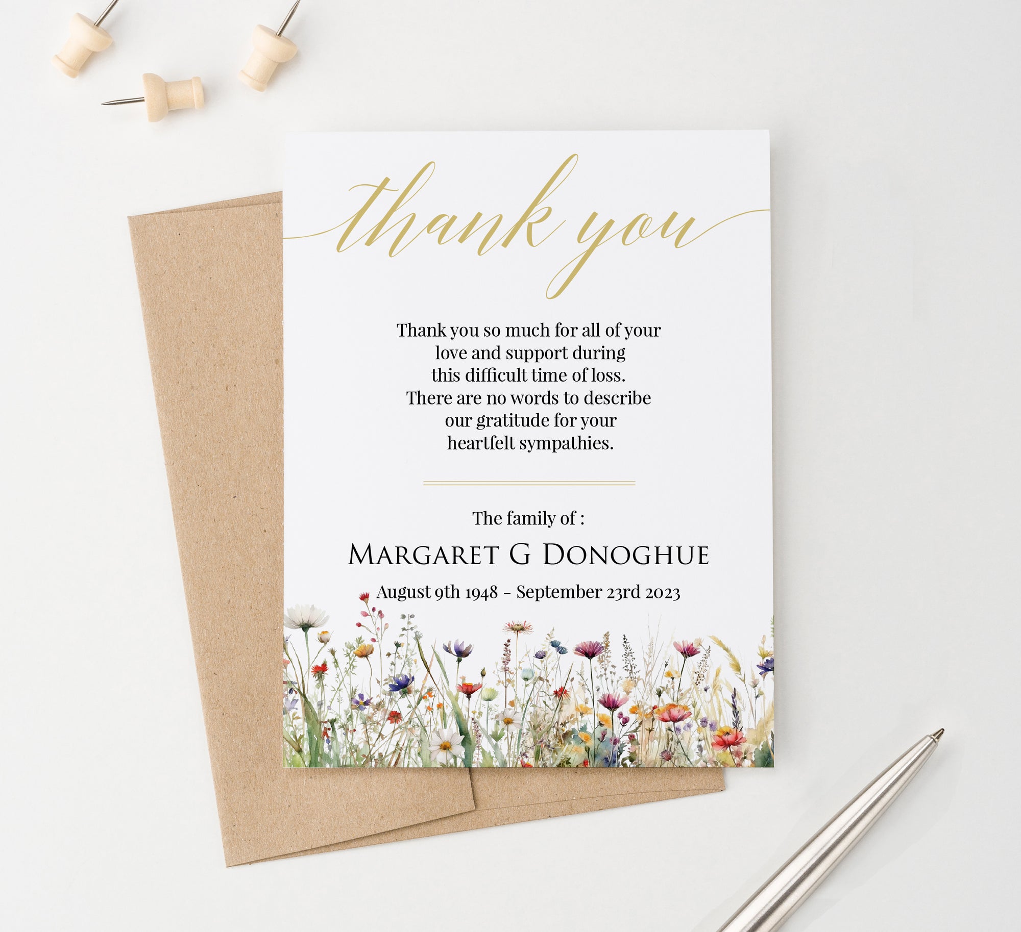 Classy Gold Funeral Thank You Cards With Wildflowers