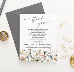 Classic Wildflower Custom Thank You Cards For Funeral With Envelopes