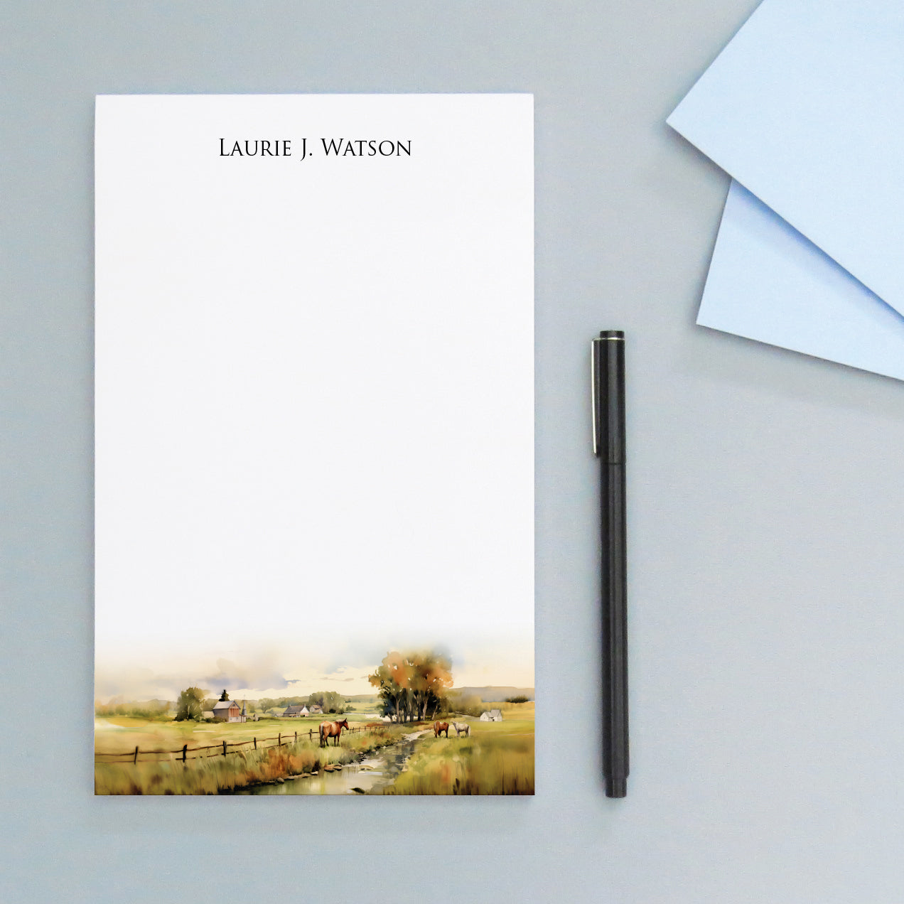 Watercolor Farm Landscape Personalized Note Pad Set With Horses