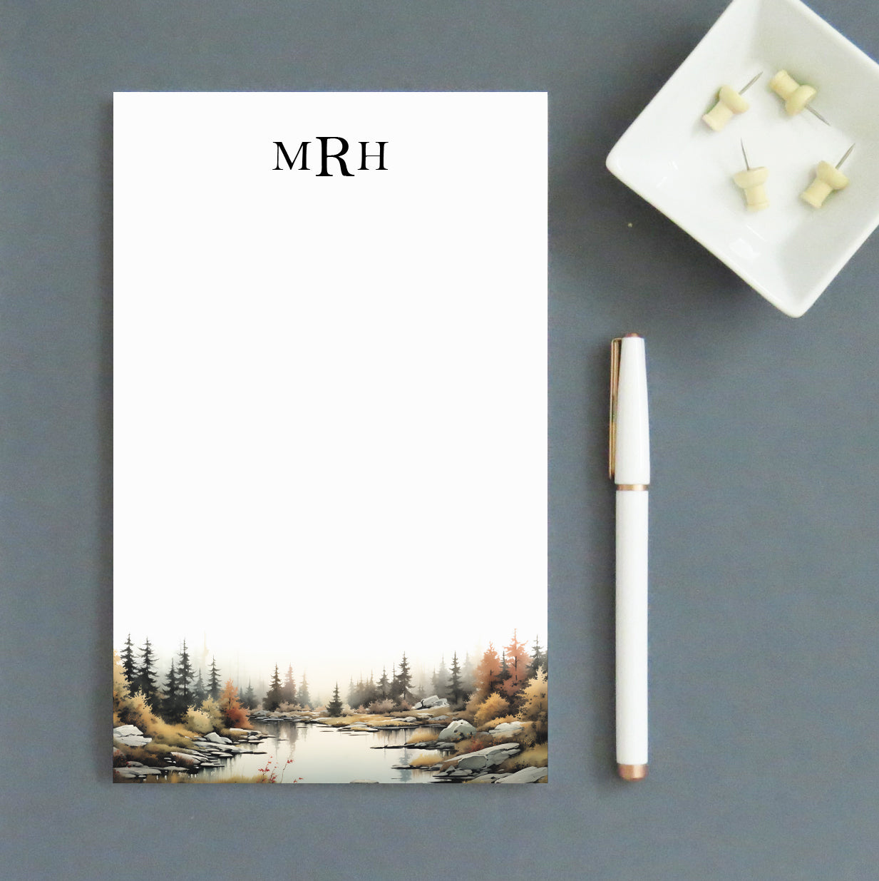 Watercolor Woodland River 3 Initial Personalized Notepad