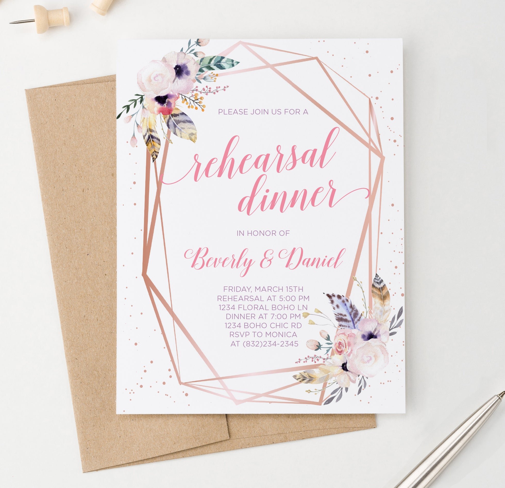 Bohemian Rose Gold Wedding Rehearsal Dinner Invitations Personalized
