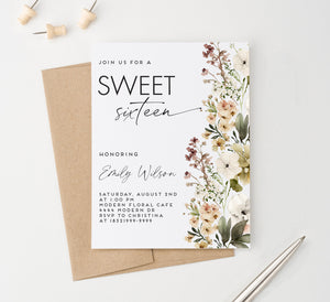 Minimalist Sweet 16 Invitations With Florals