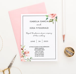 WI027 Personalized Pink Floral Corner Wedding Invitations with Border flowers modern classy classic invites marriage