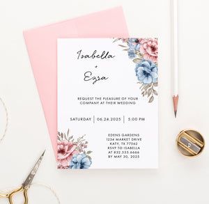 WI055 Pink and Blue Floral Wedding Invites Personalized invitations marriage florals flowers flower elegant modern classy watercolor b
