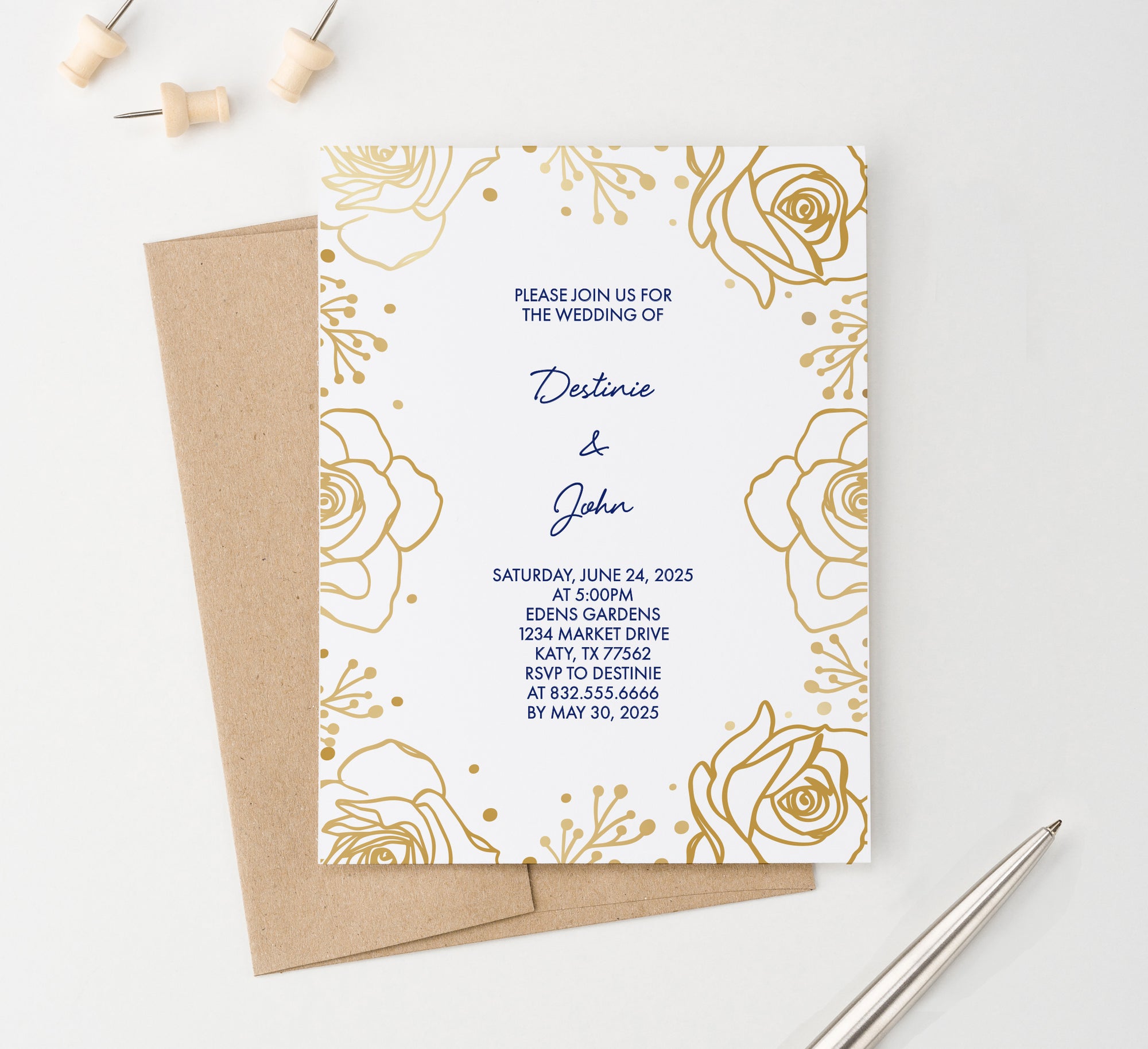    WI056 Gold Rose Wedding Invitation Personalized floral floral flower flowers navy elegant modern marriage invites