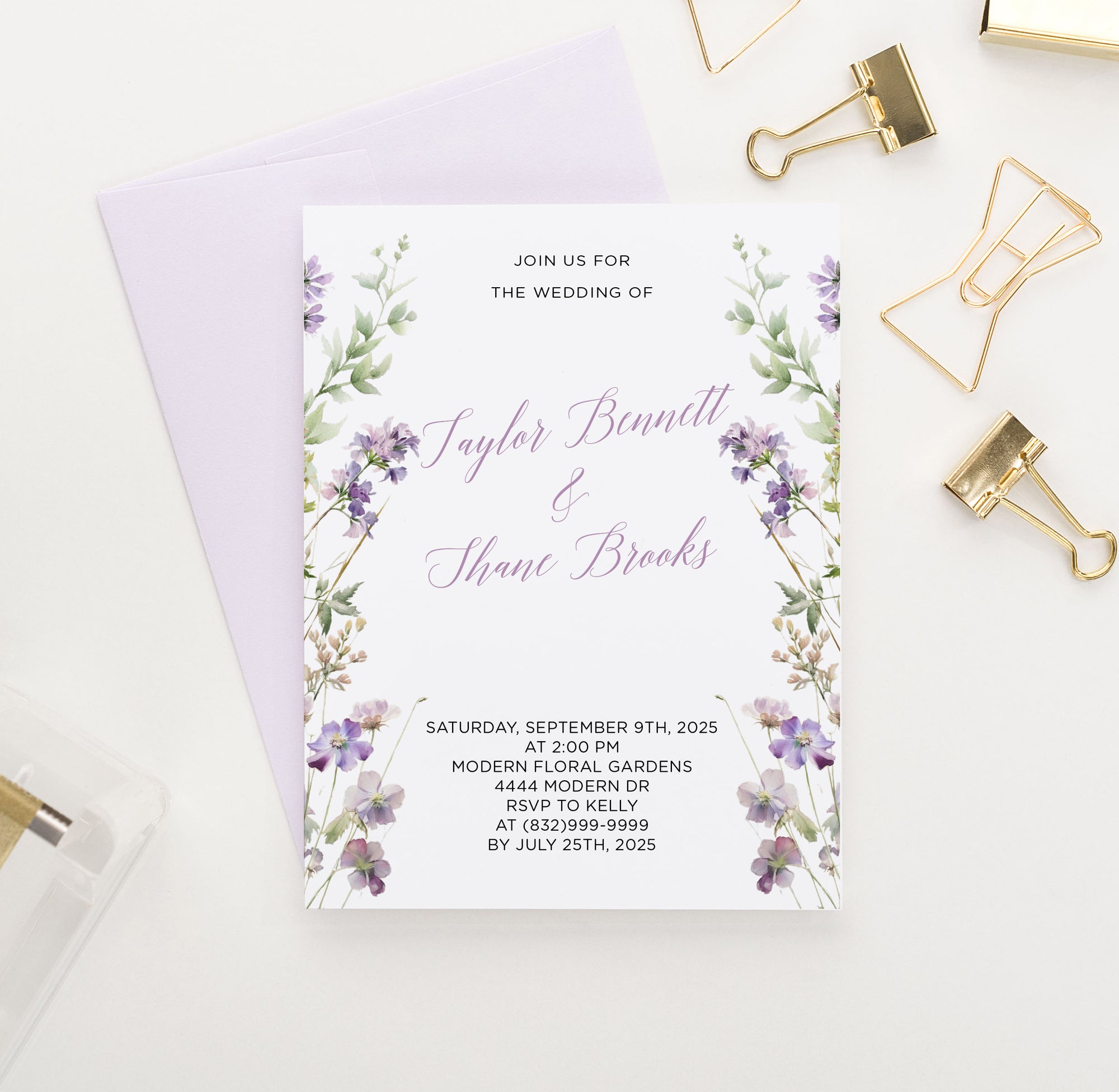 Sophisticated Purple Wedding Invitations with Florals