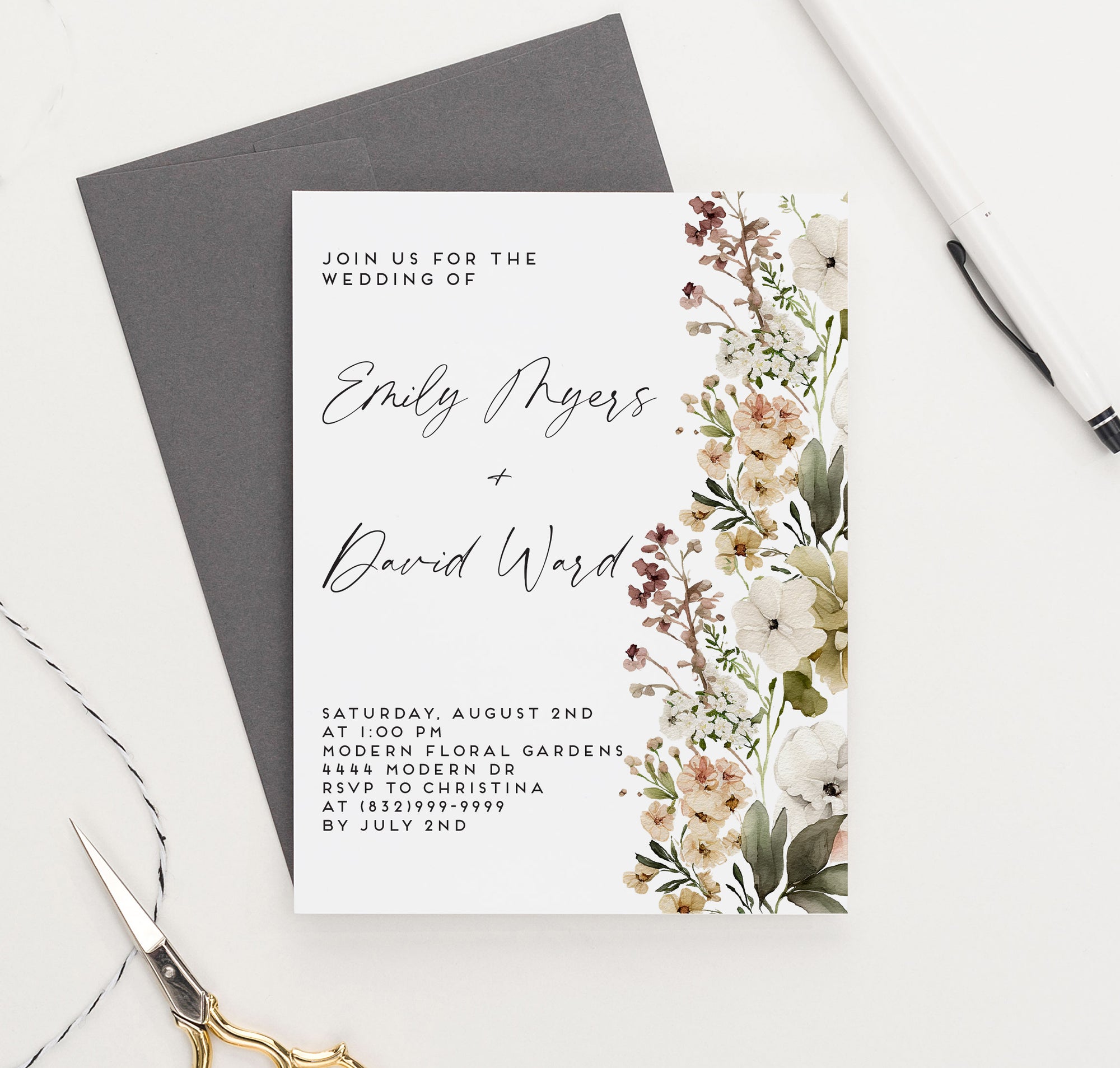 Minimalist Wedding Invitations with Stylish Florals
