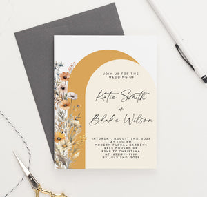 Fall Orange Arched Wedding Invitations with Wildflowers B