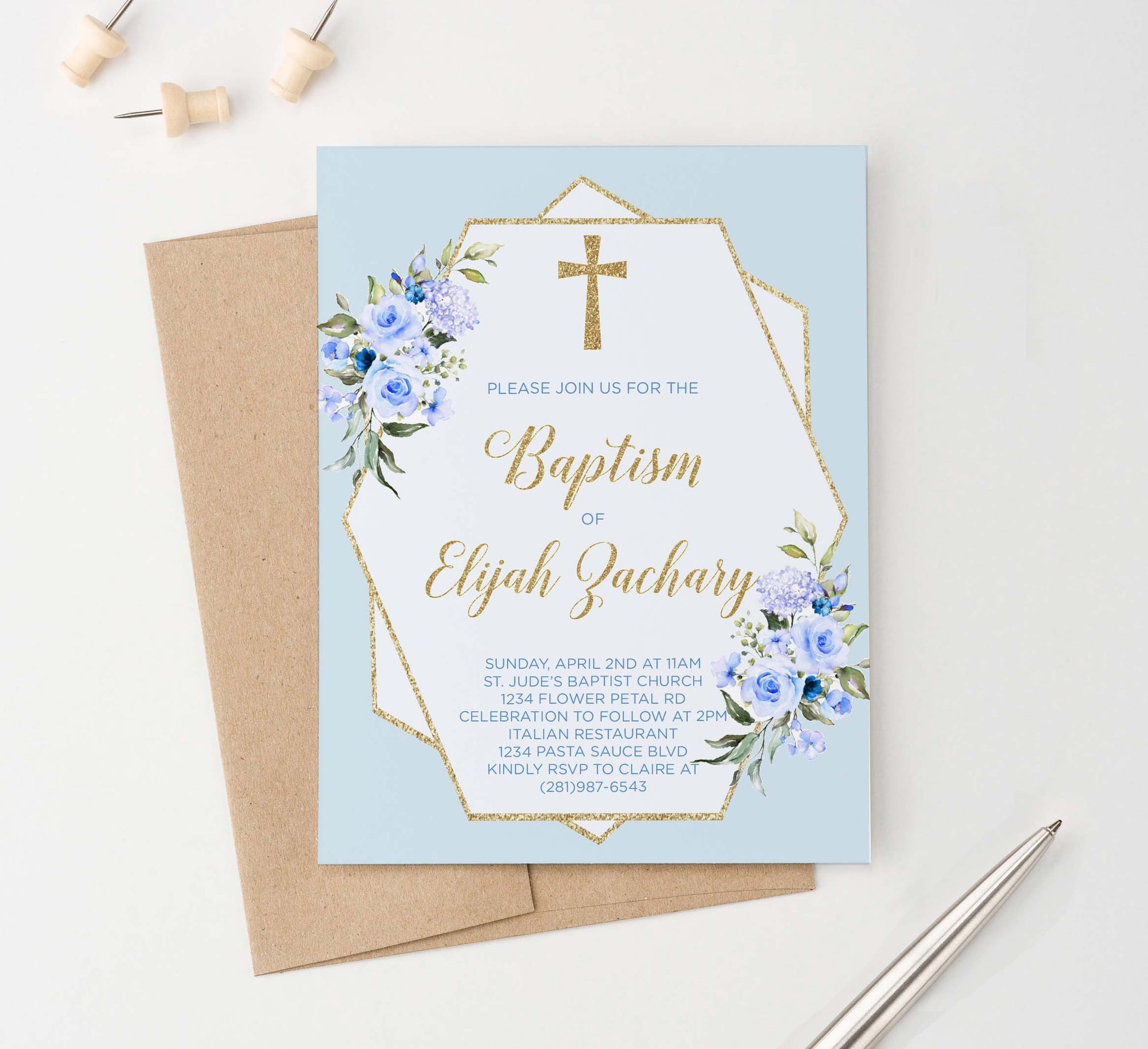 BAP1023 elegant blue floral baptism invites with gold glitter geometric 1
