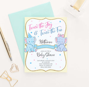 BI033 elephant baby shower invitation for twins pink yellow 1