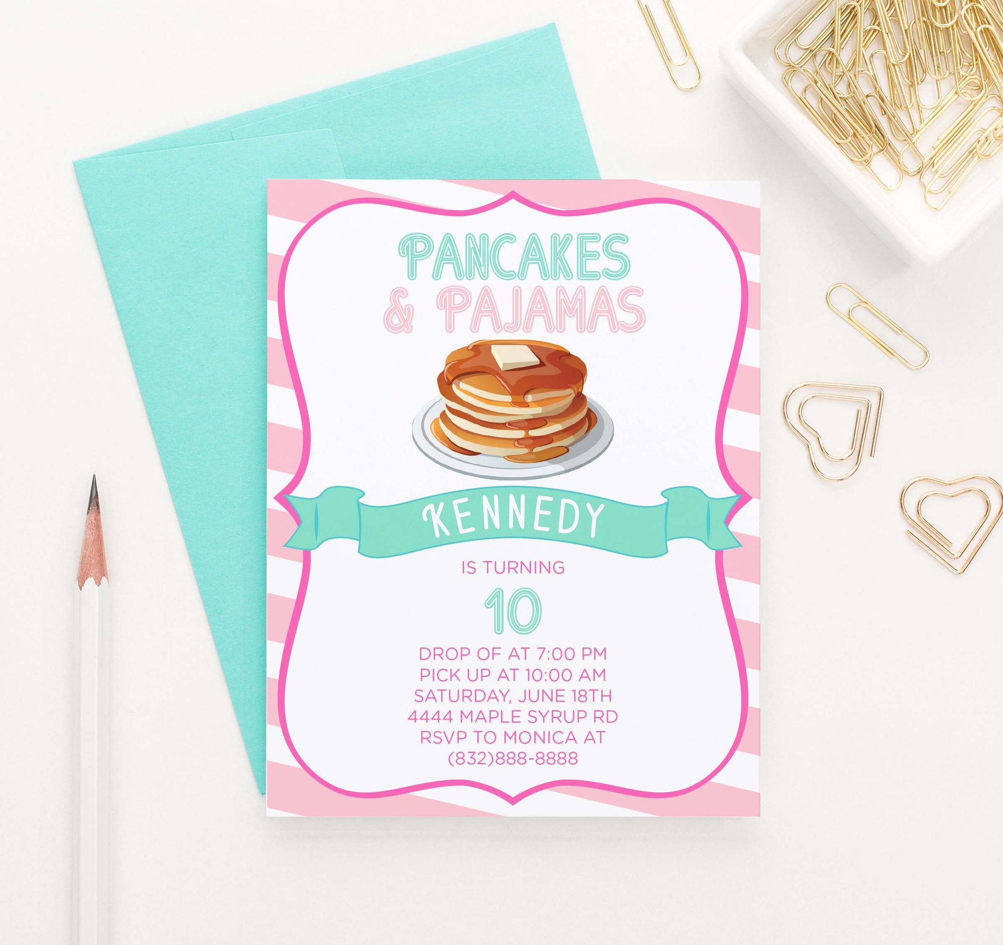 BI055 pancakes and pajames birthday party invitation for girls fun pink stripes 1