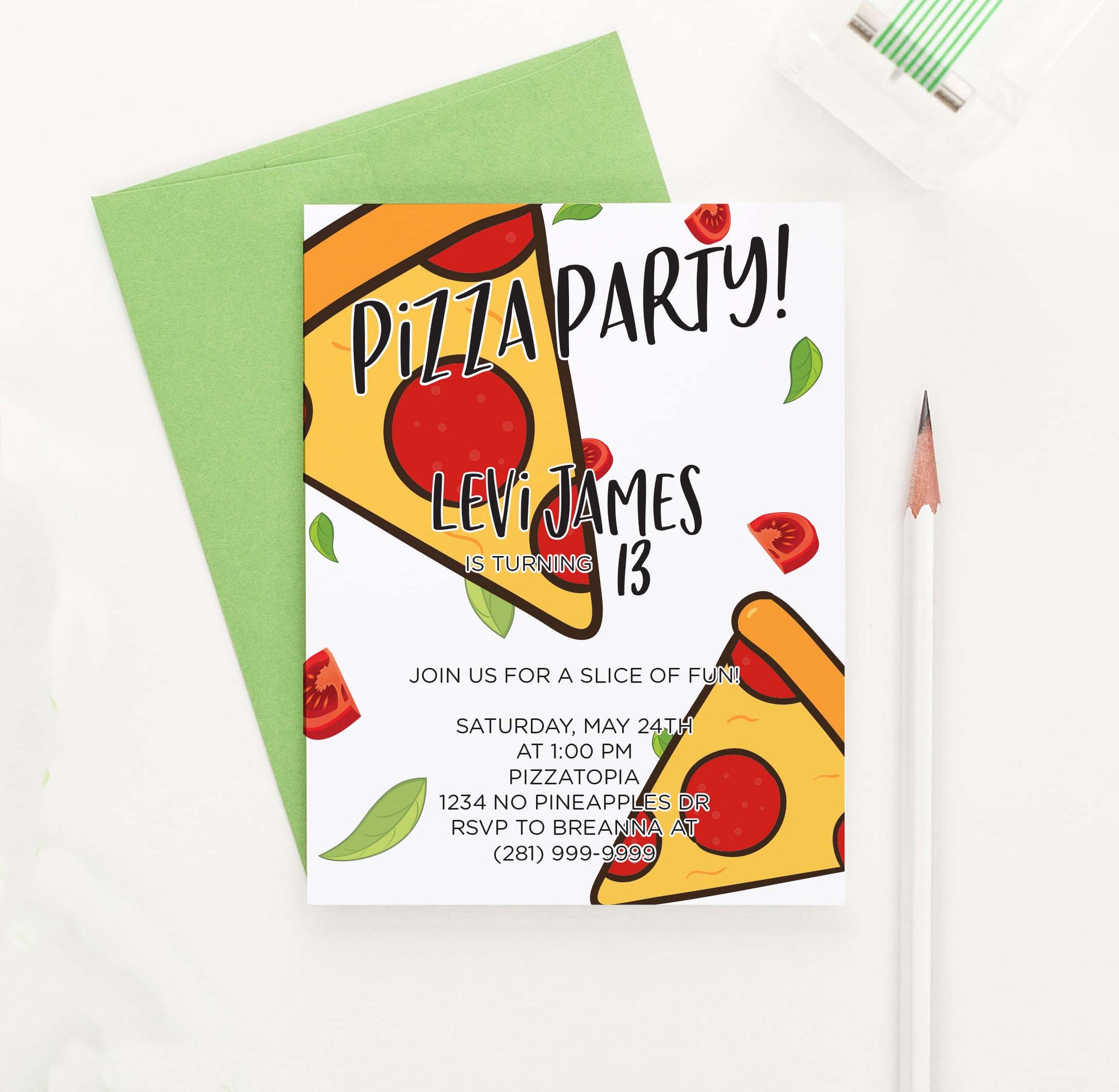 BI057 pizza birthday party invites personalized food pepperoni