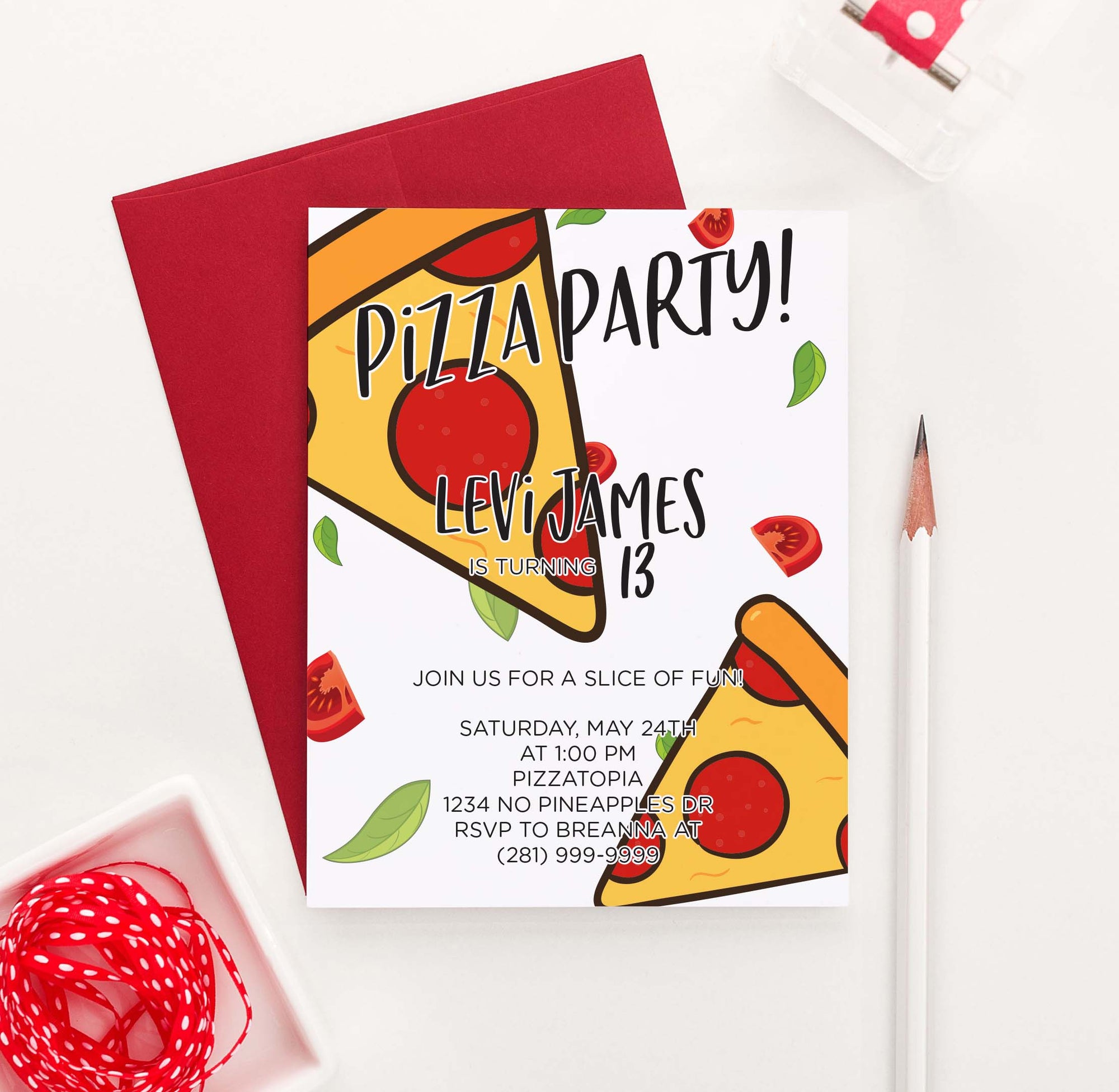 BI057 pizza birthday party invites personalized food pepperoni