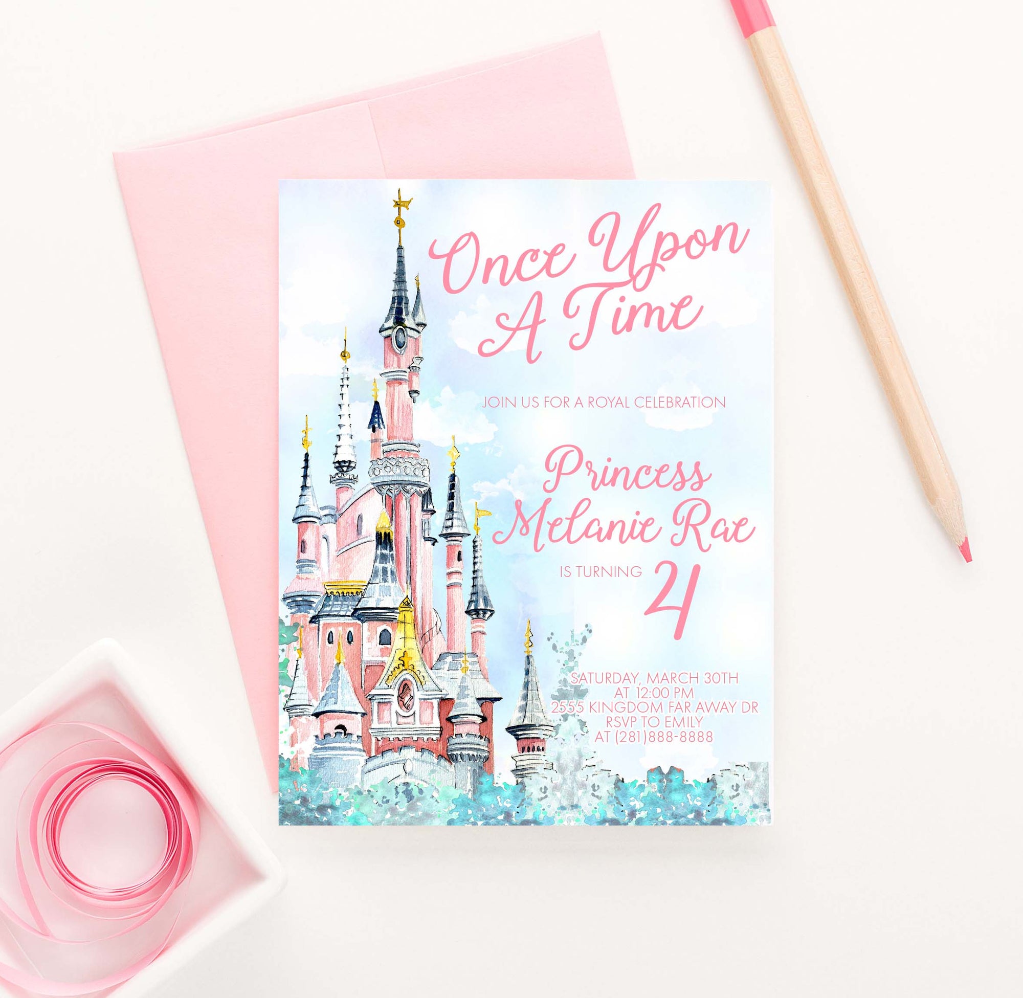 BI107 once upon a time birthday party invites with princess castle fairytale magical