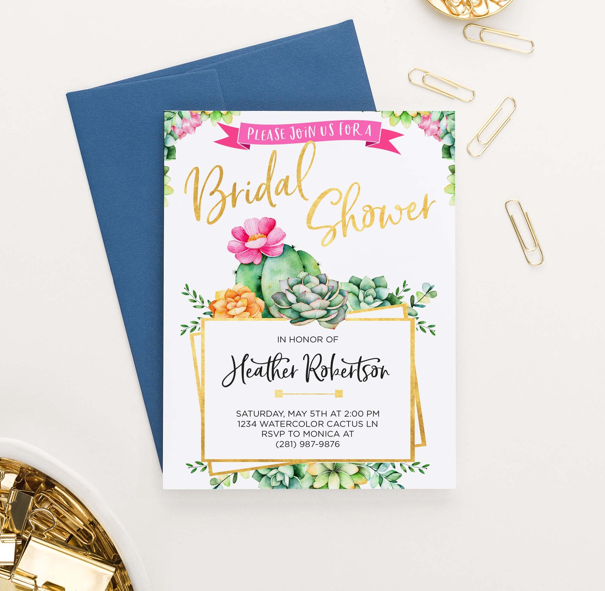 BRSI027 elegant cactus bridal shower invites personalized succulents gold fiesta