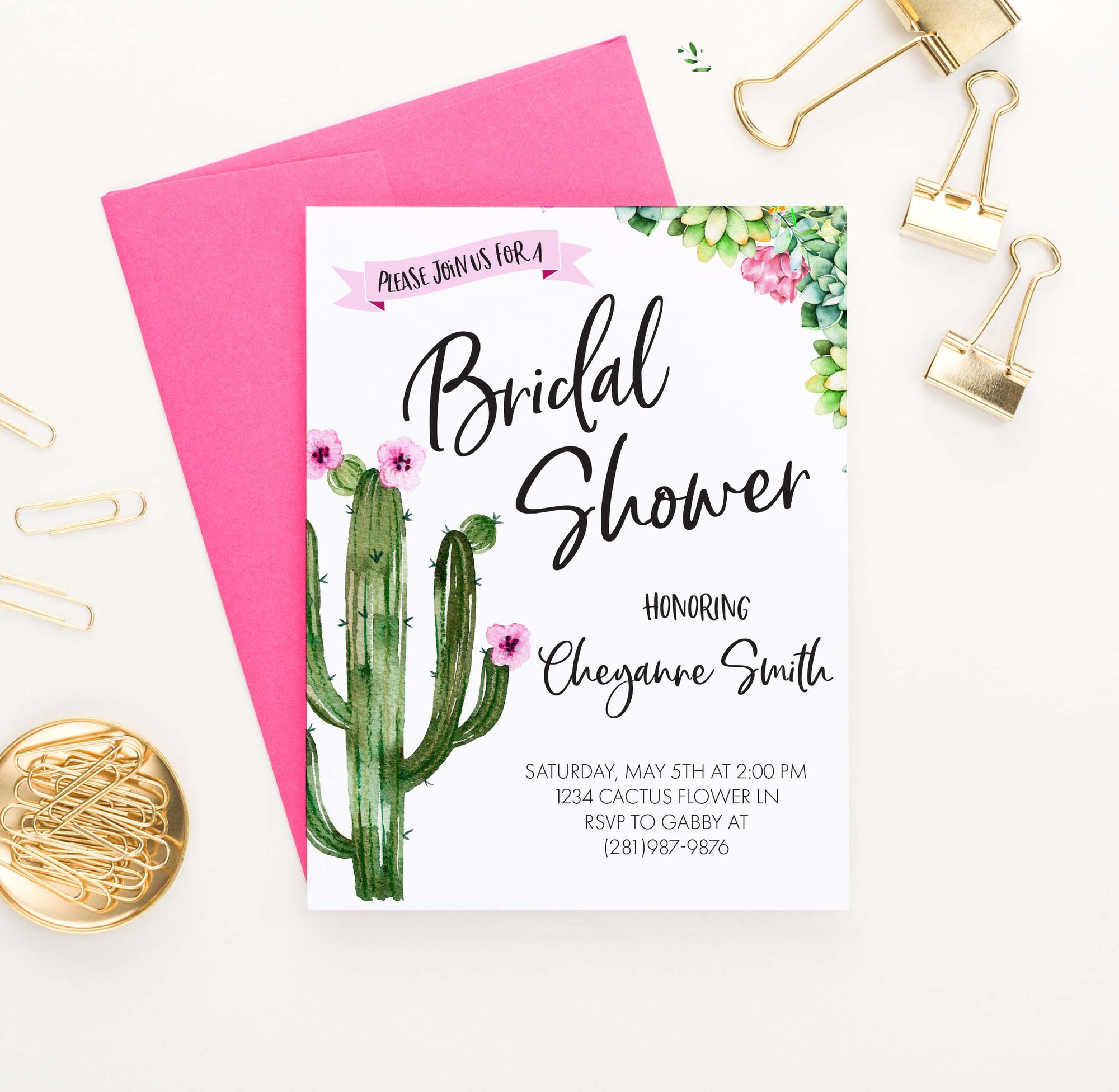 BRSI028 fiesta bridal shower invites with cactus succulents watercolor 1