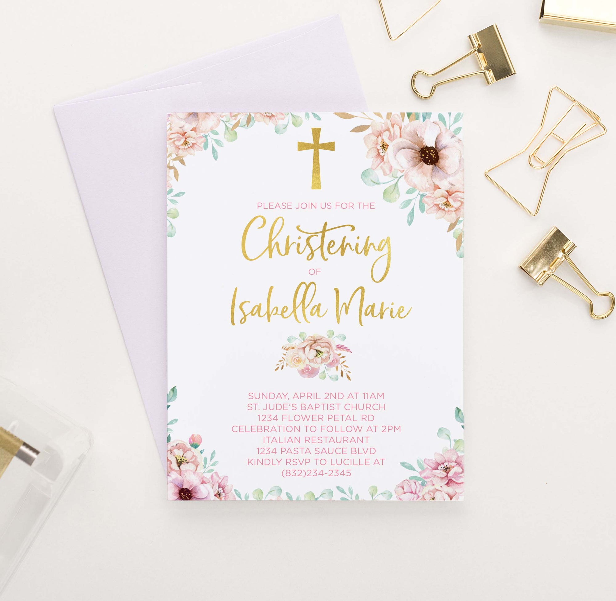 CI010 personalized pink floral christening invites for girls gold cross elegant