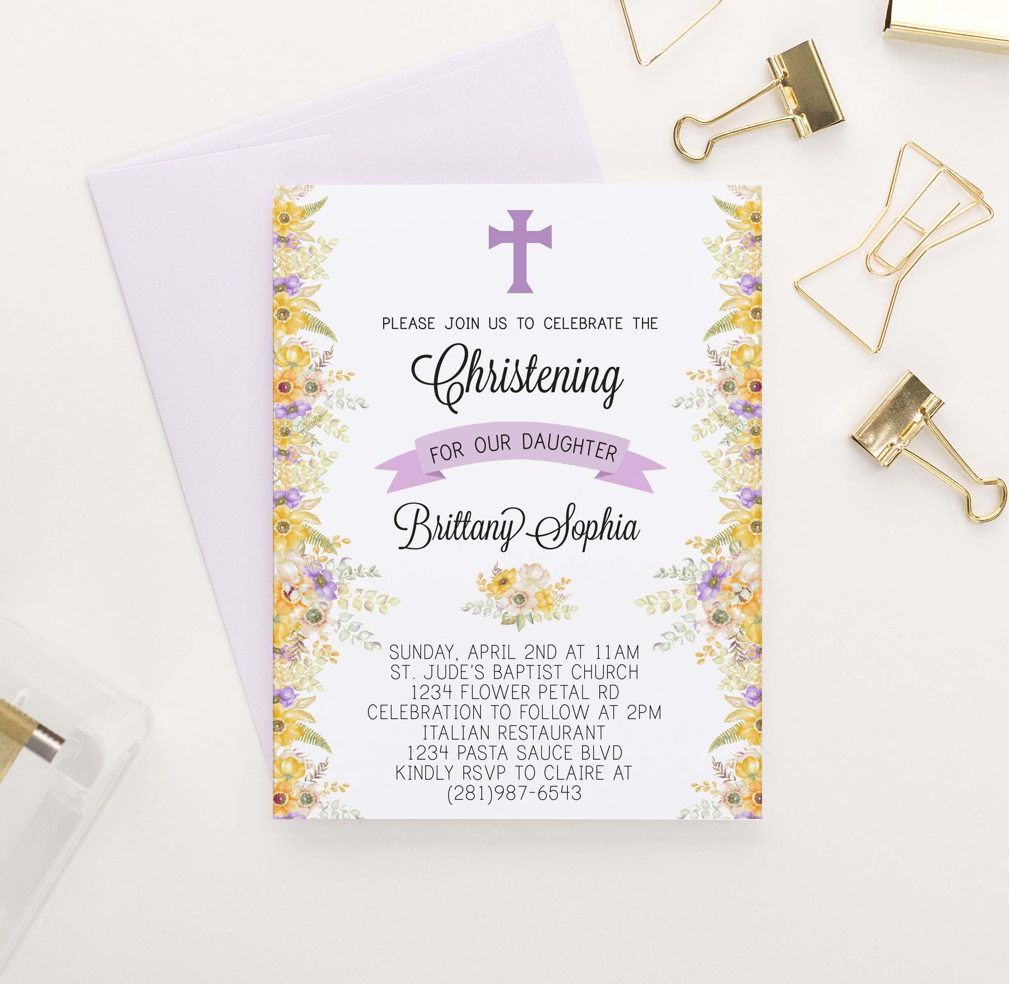 CI014 personalized christening invites with yellow and purple florals elegant
