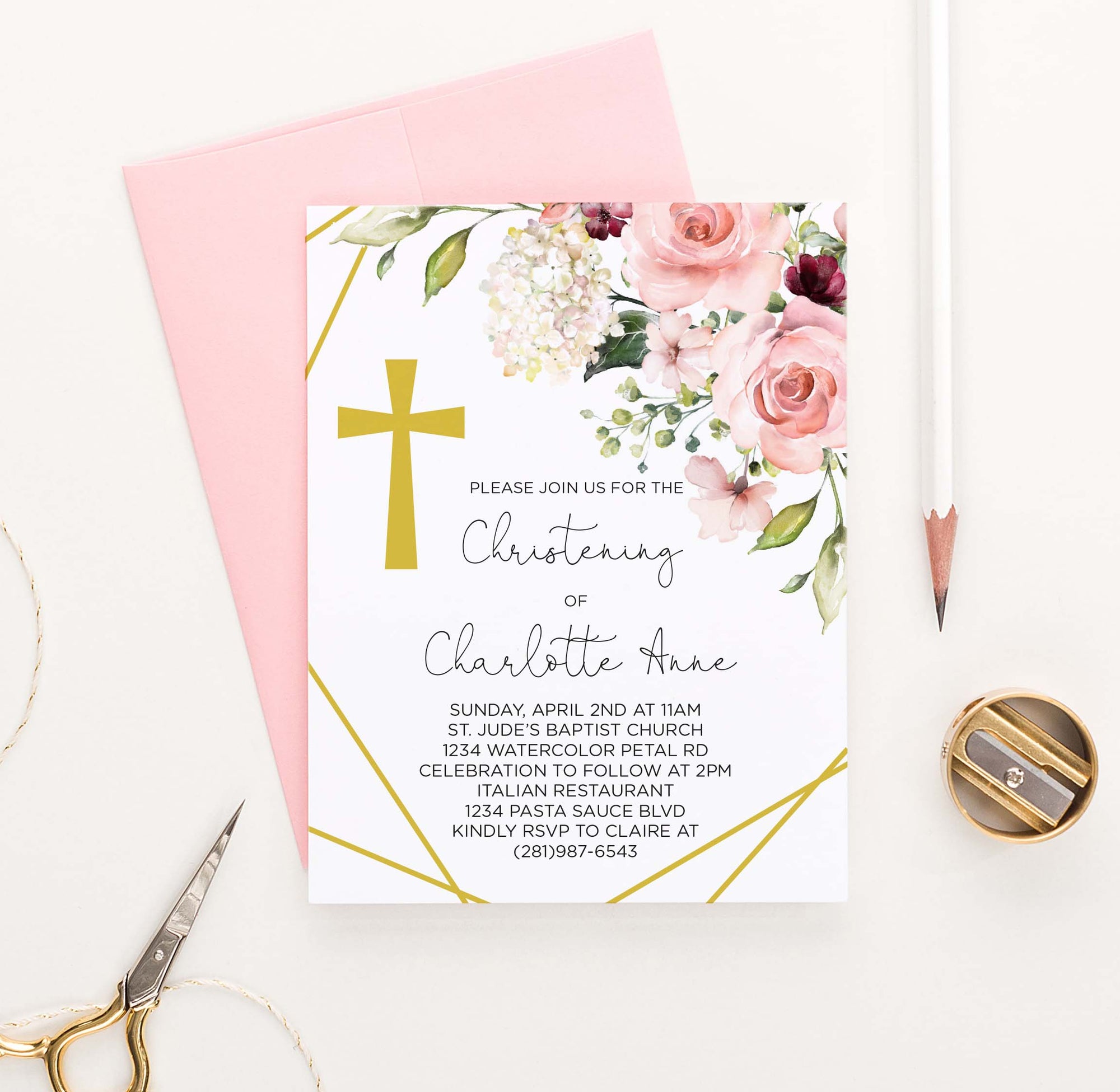 CI029 floral corner christening invites with gold cross florals flower 1