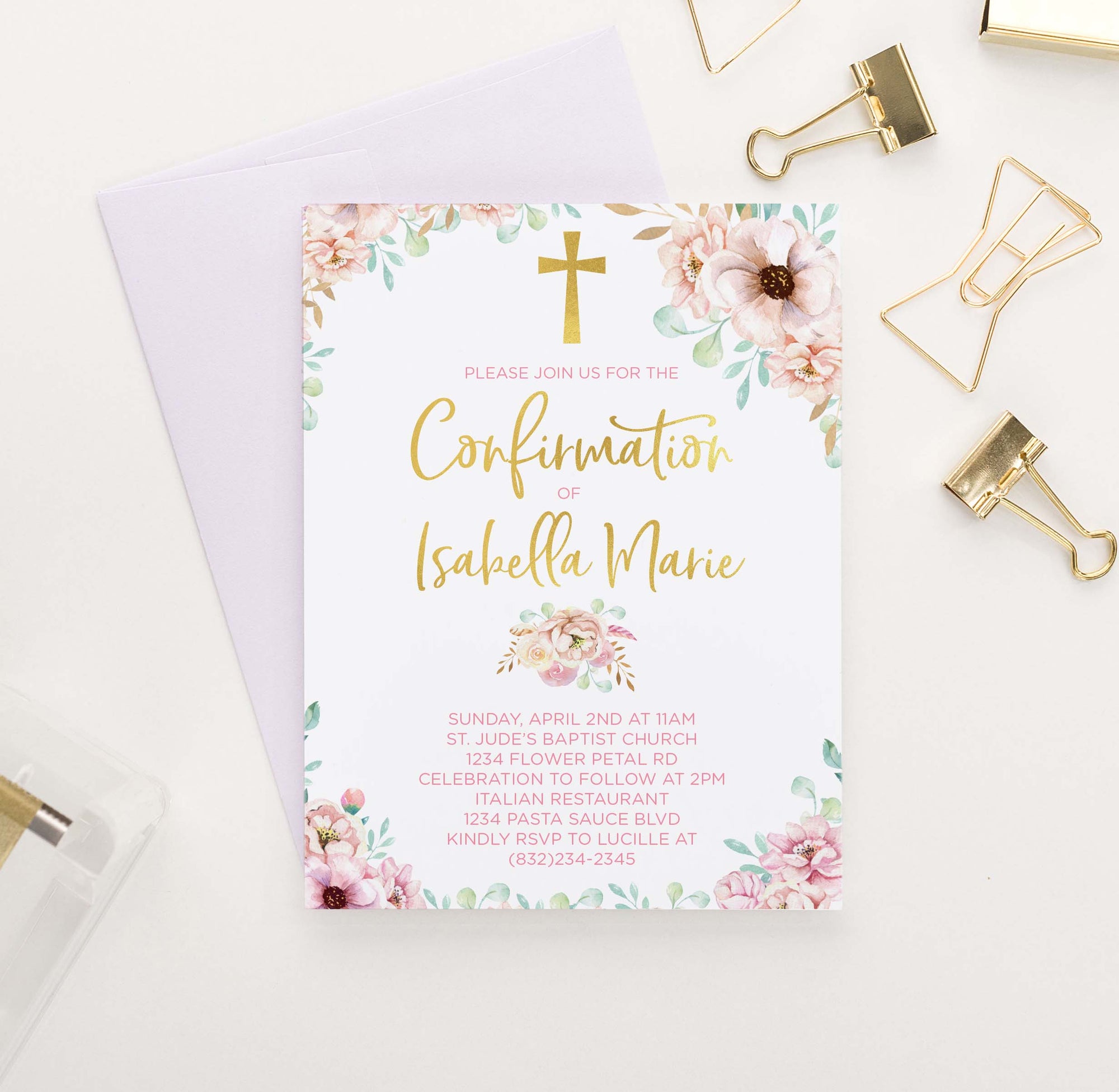 CONI010 girls elegant pink floral confirmation invites personalized elegant gold cross