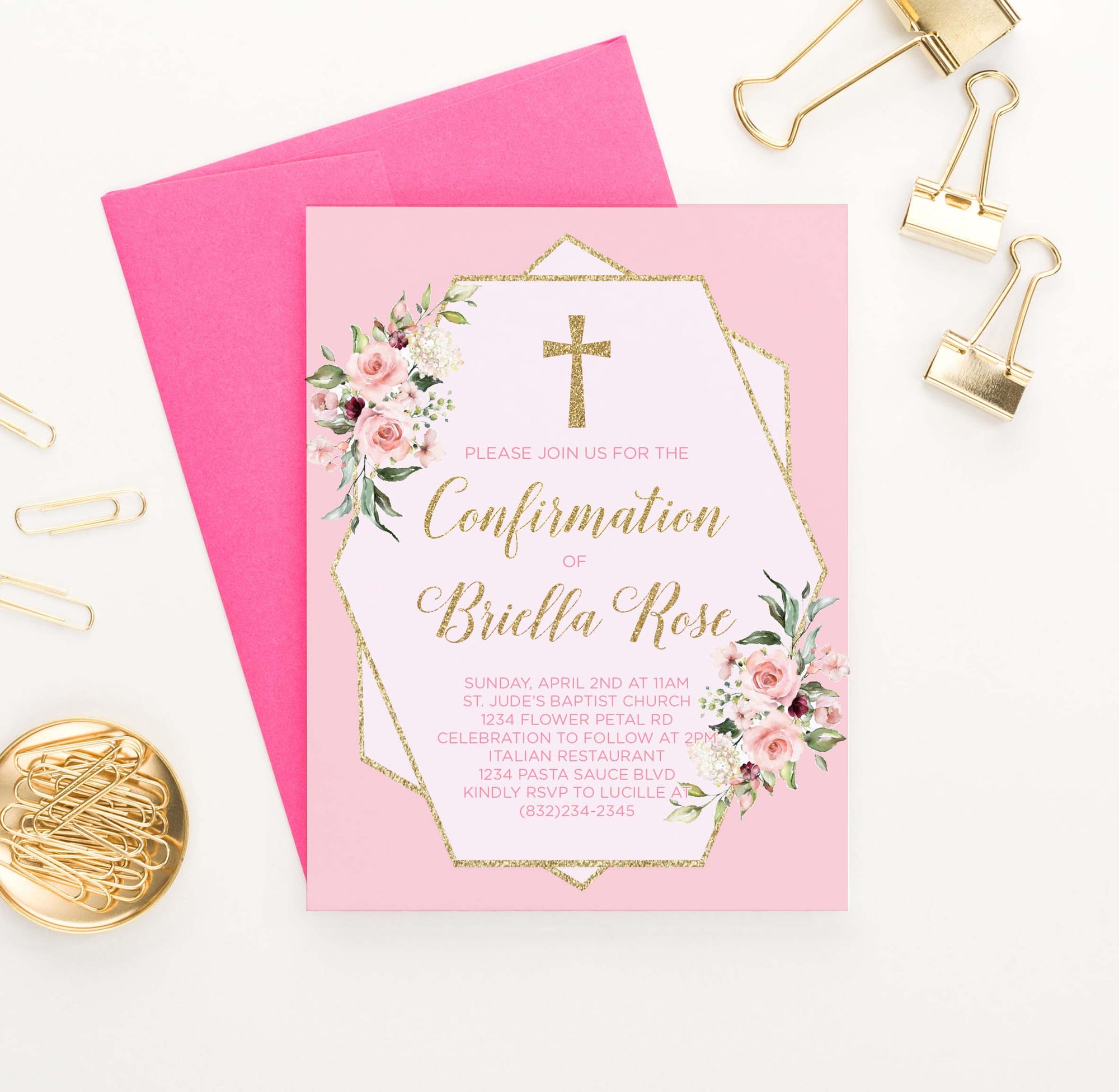 CONI019 elegant pink and gold confirmation invites for girls florals flowers glitter 1