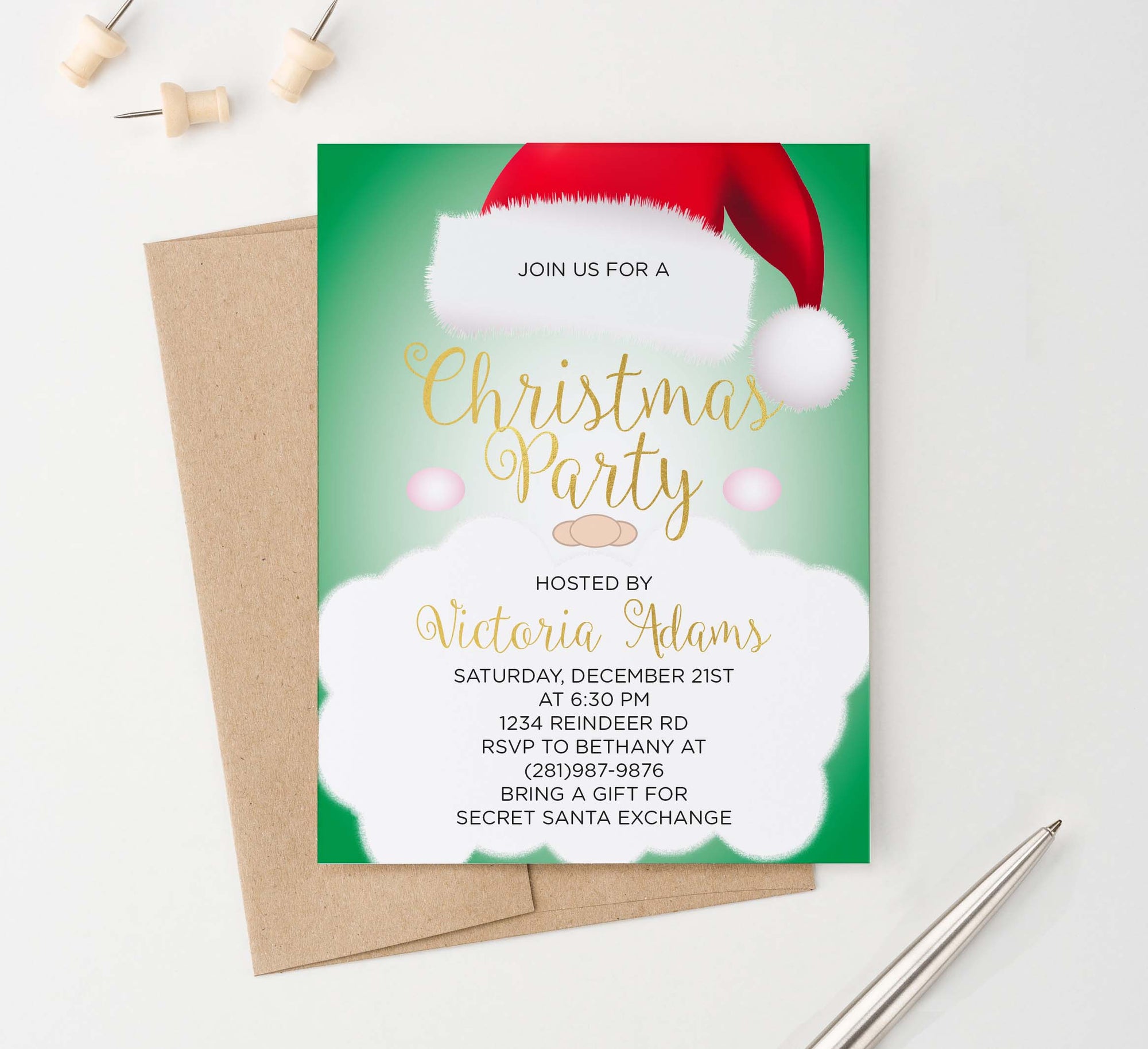 CPI001 santa clause christmas party invitation personalized green gold holiday