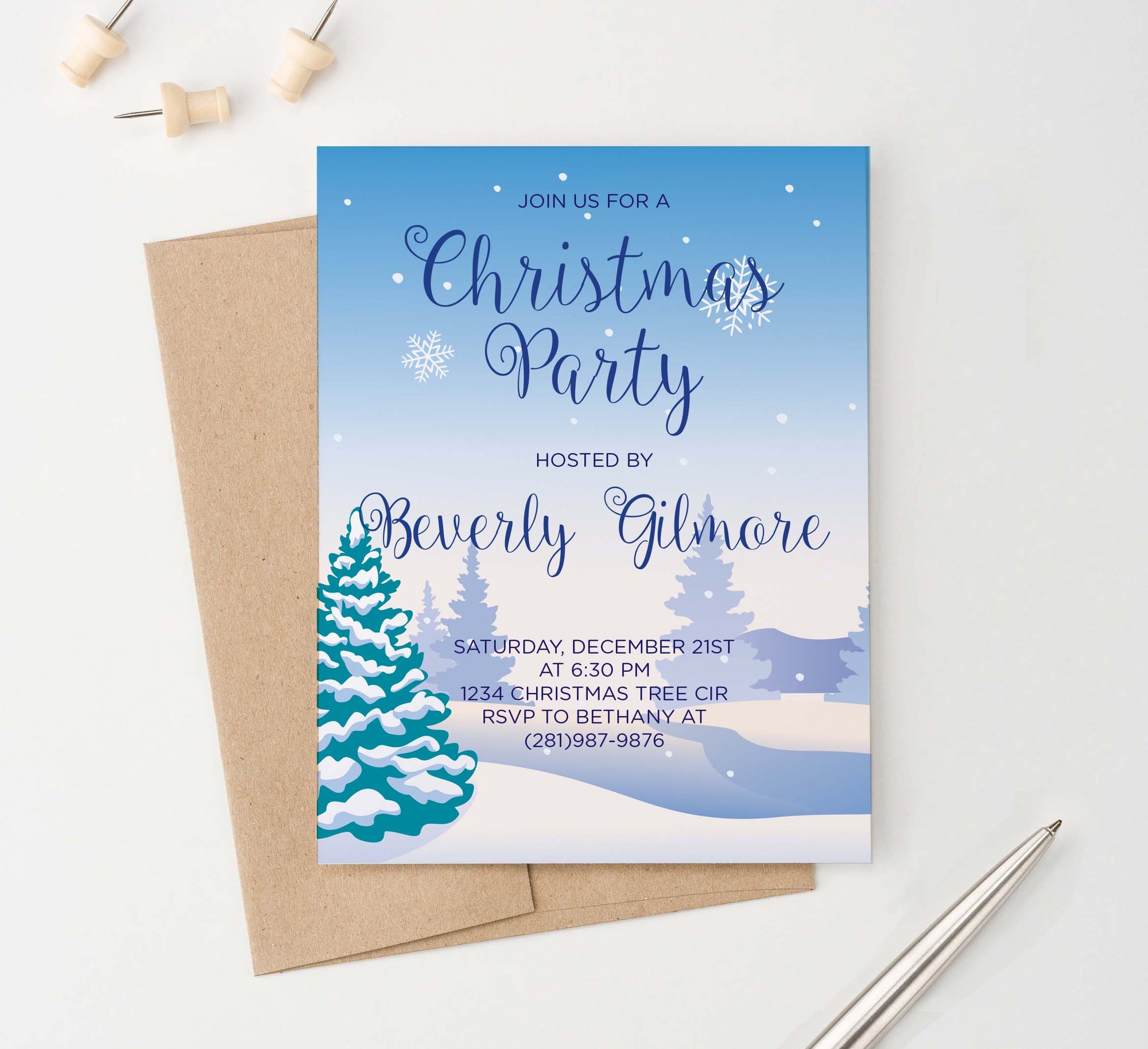 CPI004 snow personalized holiday party invitation with pine trees snowflakes landscape 2
