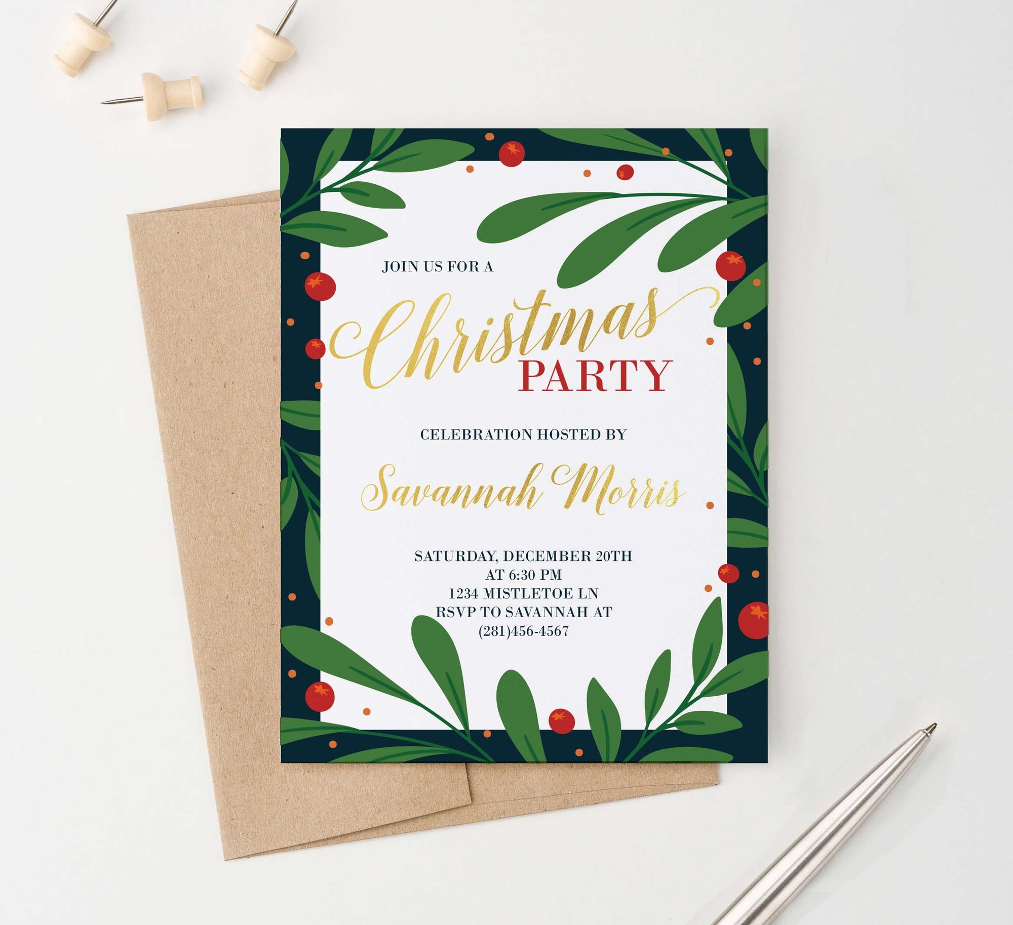 CPI006 elegant holly framed holiday party invitations personalized christmas merry