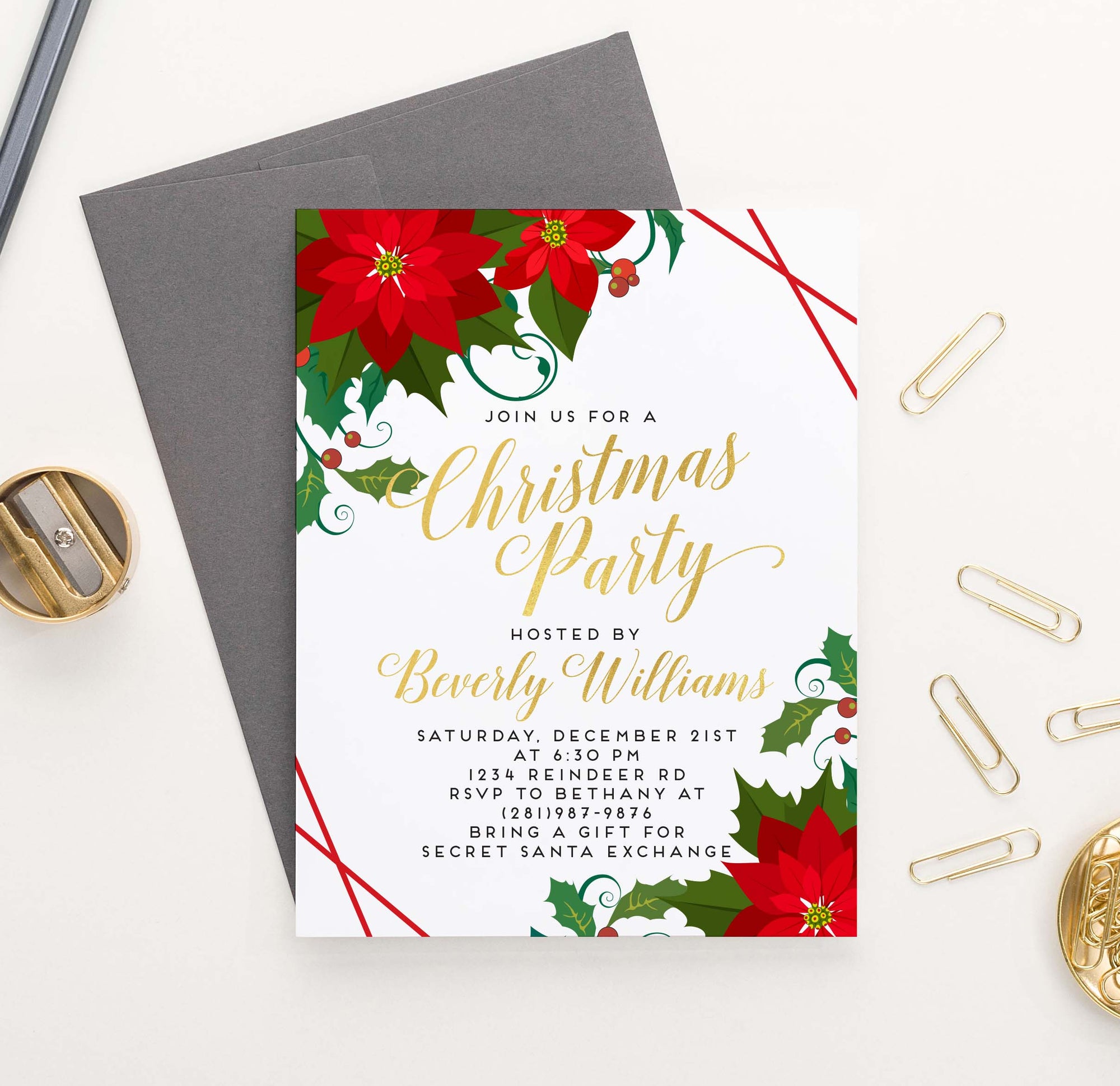 CPI012 elegant holiday party invitation with poinsettas gold lines