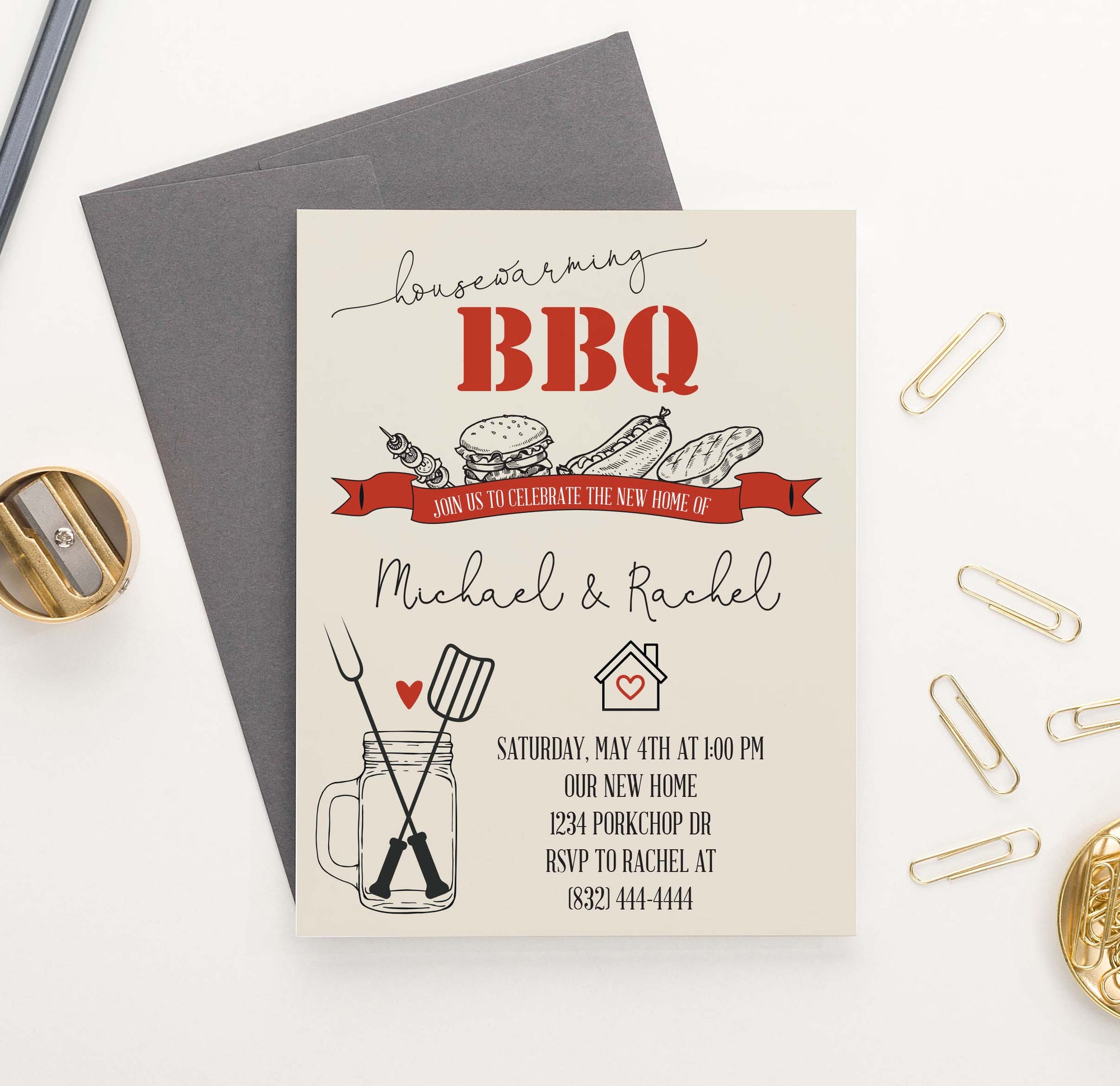 HPI003 Bbq housewarming party invite personalized grill backyard rustic