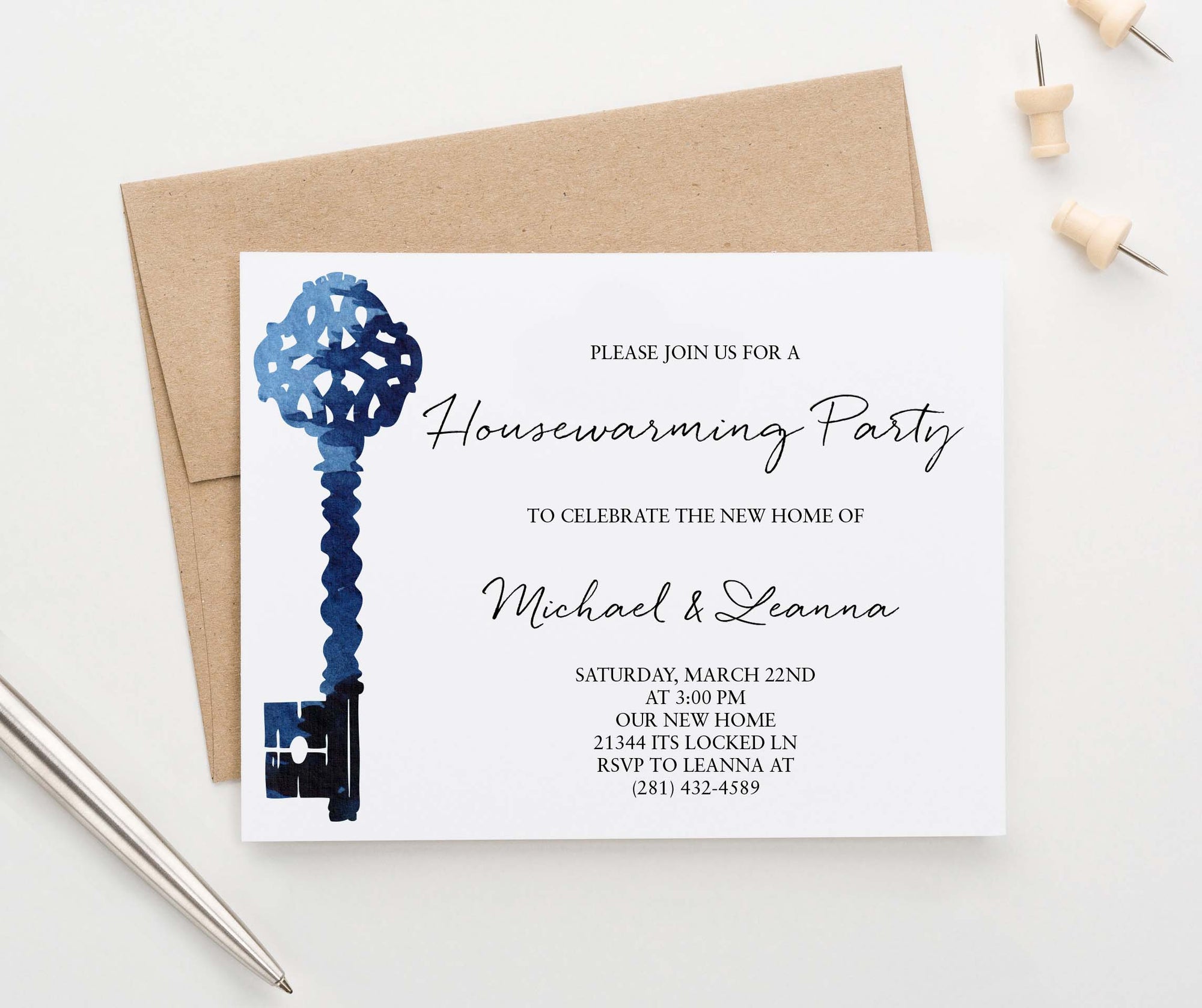 HPI016 blue watercolor key housewarming party invitation antique elegant