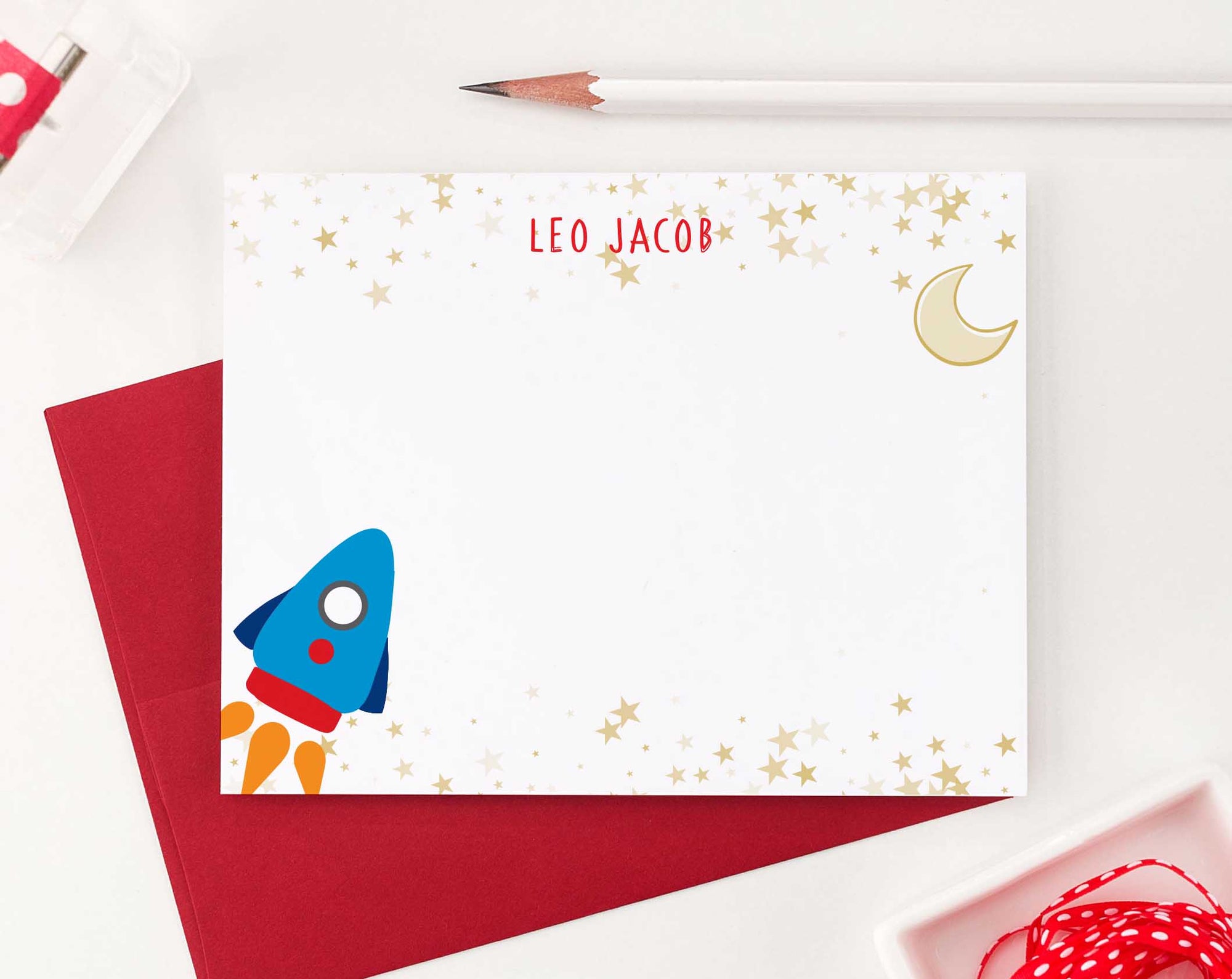 KS152 personalized rocketship stationery set with gold stars space spaceship moon star boys girls kids 3