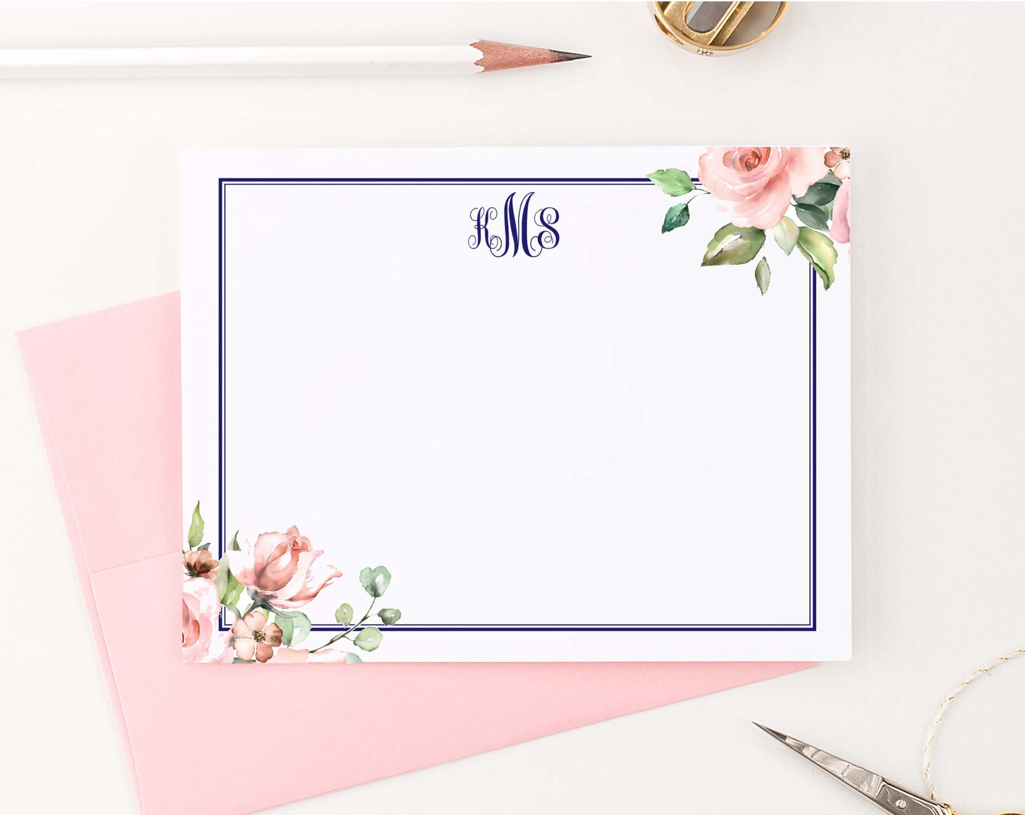 MS055 personalized corner floral script monogrammed notecards with border elegant professional