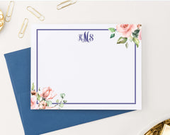 MS055 personalized corner floral script monogrammed notecards with border elegant professional