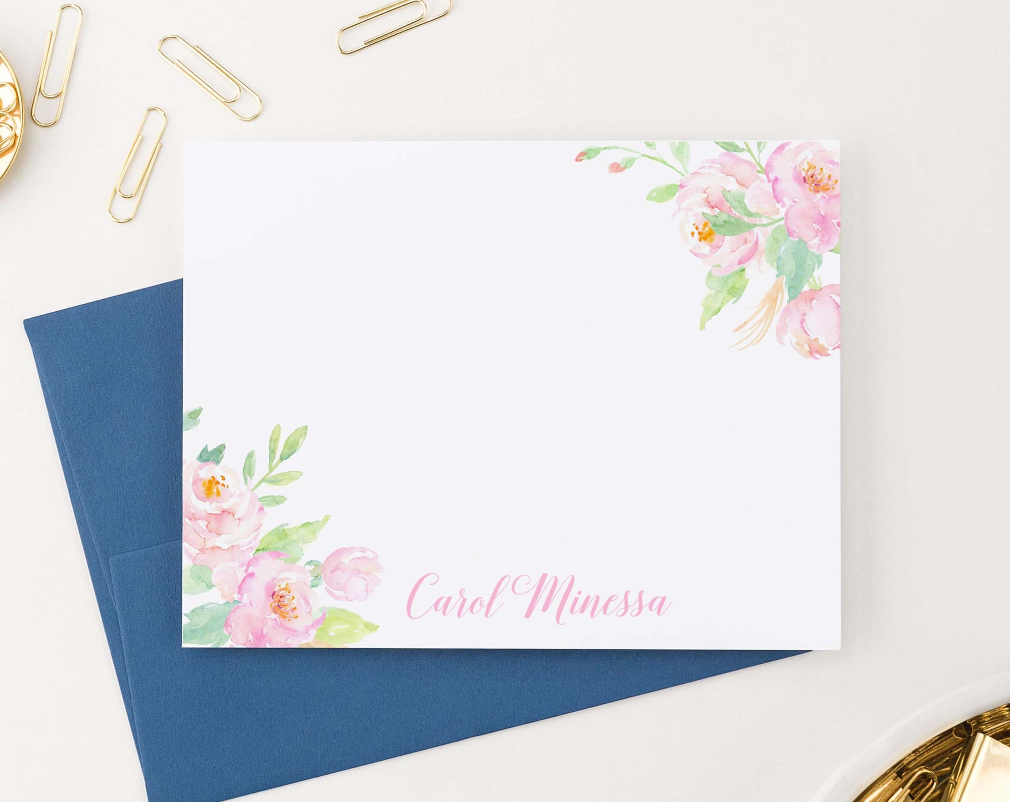 PS129 cute pink watercolor floral corners personalized stationery elegant script font